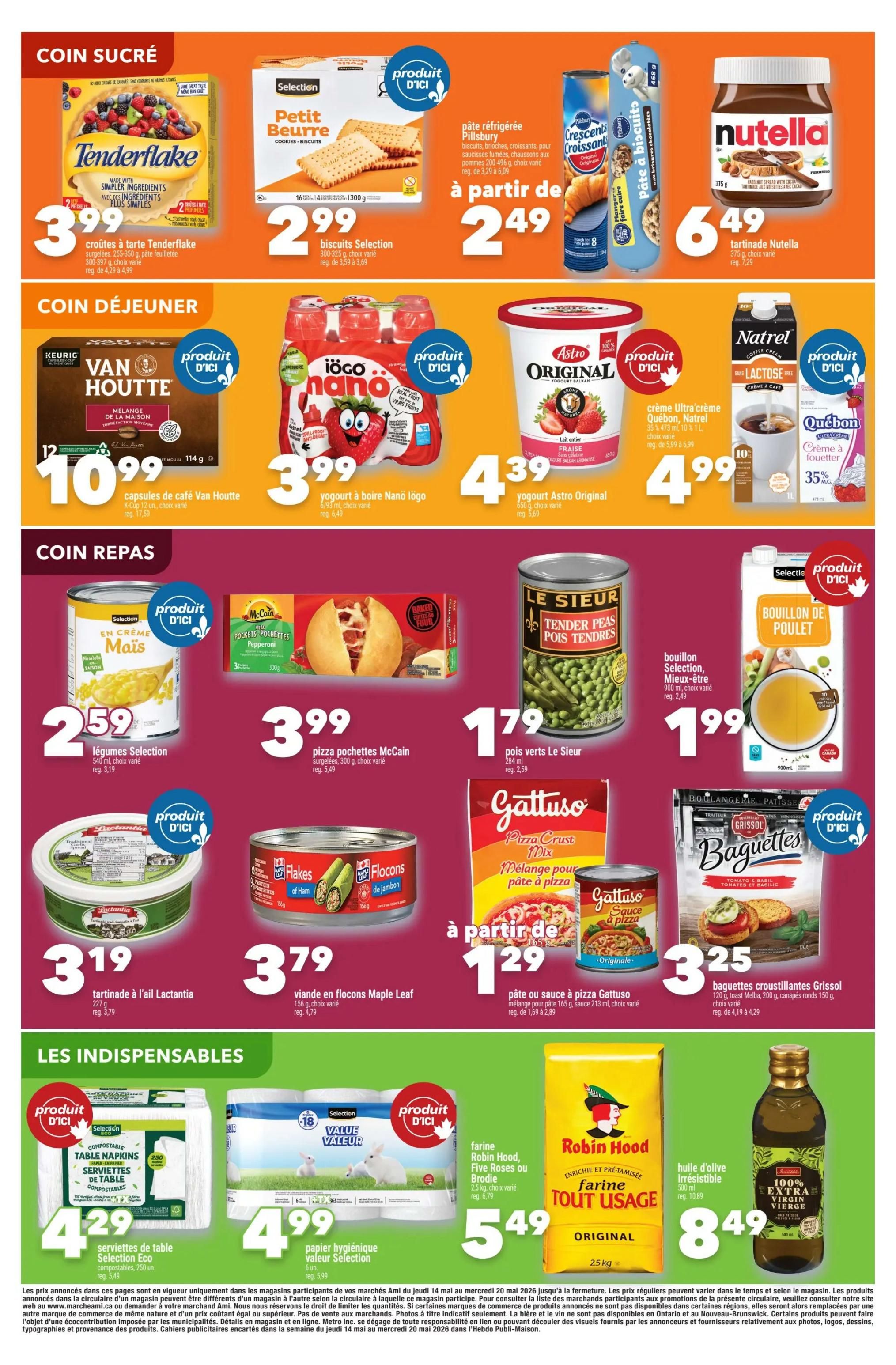 Marché Ami weekly flyer specials, page 5. Featured items include Tenderflake tart shells for $3.99, Selection Petit Beurre biscuits for $2.99, Pillsbury refrigerated pastry for $2.49, and Nutella hazelnut spread for $6.49. In the breakfast section, Van Houtte coffee capsules are $10.99, Nanolgo yogurt drinks are $3.99, Astro Original yogurt is $4.39, and Natrel Lactose-Free coffee cream is $4.99. For meals, Selection corn in cream is $2.59, McCain pizza pockets are $3.99, Le Sieur tender peas are $1.79, and Selection chicken broth is $1.99. Lactantia butter is $3.19, and Maple Leaf flaked tuna is $3.79. Gattuso pizza crust mix is starting at $1.29, and Grissol baguette crisps are $3.25. Under 'Indispensables', Selection table napkins are $4.29, Value Selection toilet paper is $4.99, Robin Hood flour is $5.49, and 100% Extra Virgin Olive Oil is $8.49.