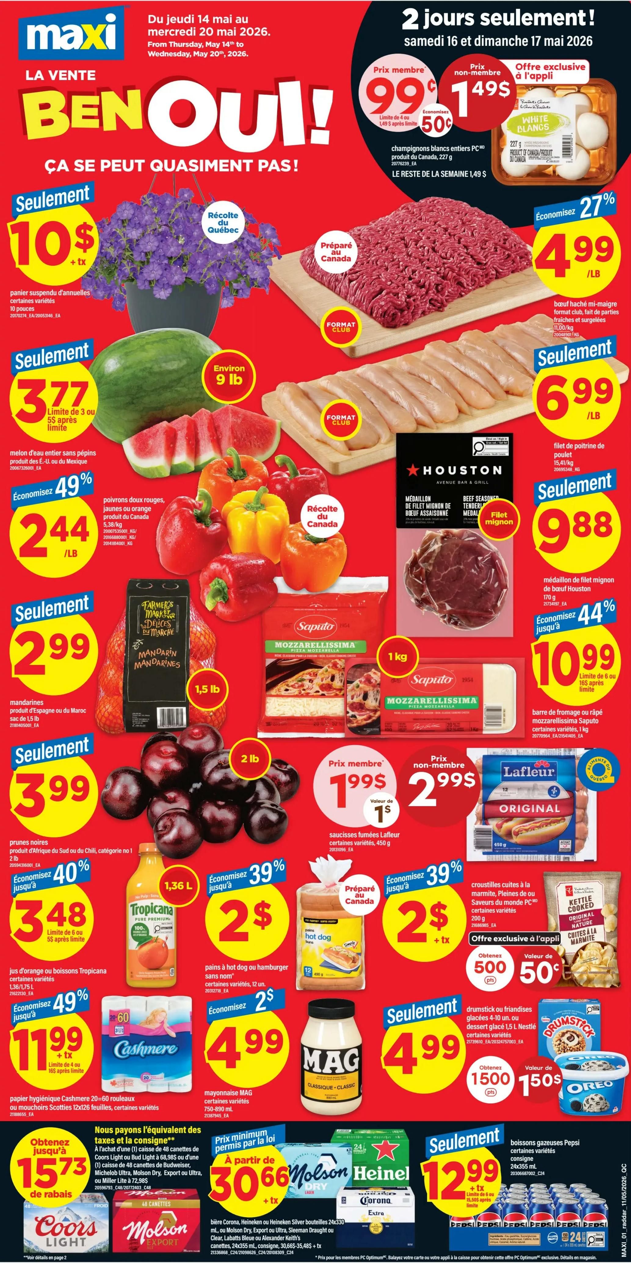 Maxi weekly flyer specials from Thursday, May 14th to Wednesday, May 20th, 2026. Featured items include hanging annuals for $10, a 9 lb watermelon for $3.77, red, yellow, and orange bell peppers for $2.44/lb, and a 1.5 lb bag of mandarins for $2.99. Also on sale are 2 lb of black plums for $3.99, Tropicana orange juice or beverages for $3.48, and 20-60 roll Cashmere bathroom tissue or Scotties facial tissue for $11.99. Member prices include 227g white eggs for $0.99 (save $0.50), and 450g Lafleur smoked sausages for $1.99 (value $1). Non-member price for eggs is $1.49. Other specials include ground beef for $4.99/lb, chicken breast fillets for $6.99/lb, and Houston beef tenderloin medallions for $9.88, with a sale price of $10.99 for 1kg Saputo shredded or grated mozzarella cheese. Hot dog or hamburger buns are 2 for $2, and Kettle Brand kettle cooked potato chips are 2 for $2. MAG mayonnaise is $4.99. Nestlé frozen drumsticks or fries are $4.99. Pepsi beverages are $12.99 for a case of 24x355ml cans. Beer specials include Molson Canadian, Coors Light, Molson Export, Heineken, or Sleeman draught beer 24x330ml cans for $30.66, plus tax. There is also a special offer for 500 points for $0.50 with the app for PC Optimum members.