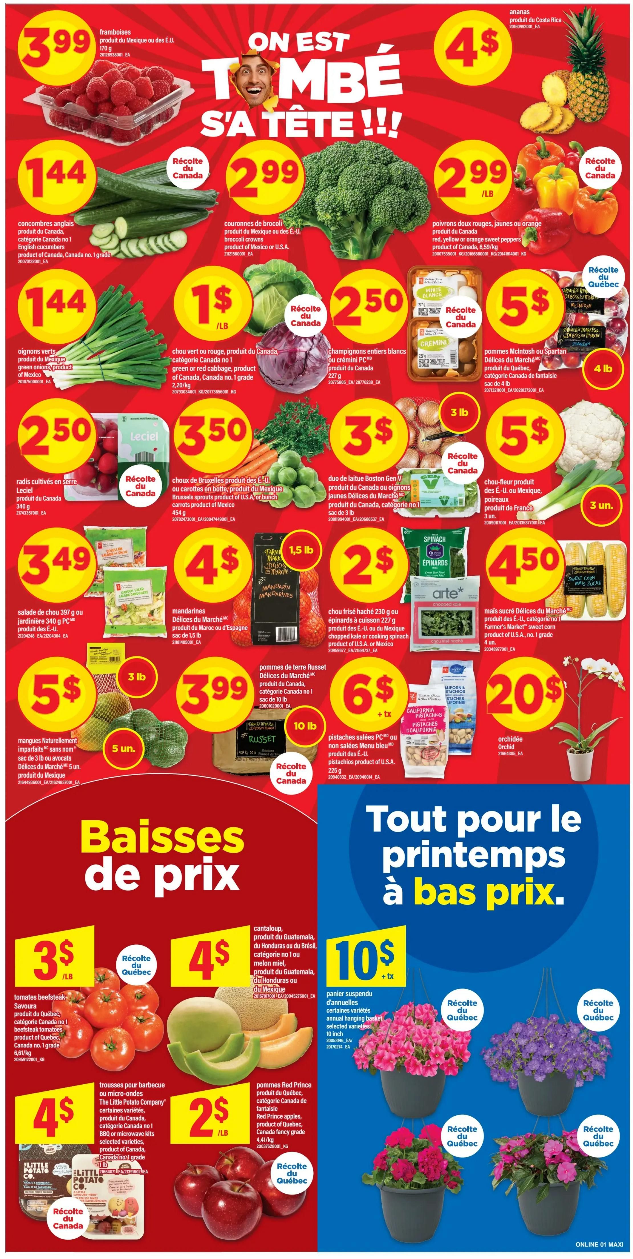Maxi Weekly Flyer Specials Page 4 features a 'We're Going Crazy!' sale. Top row includes raspberries for $3.99, English cucumbers for $1.44/lb, broccoli crowns for $2.99/lb, and pineapple for $4. Green onions are $1.44/lb, red or yellow or orange sweet peppers are $2.99/lb, and white cremini mushrooms are $5/4 lb. Other produce includes 3 lb of Brussels sprouts or carrots for $3.50, 3 units of cauliflower for $5, 340g of Leciel ready-to-cook vegetables for $2.50, 3 lb of Boston green lettuce or Belgian endive for $3, and 3 units of sweet corn for $4.50. Featured items include 397g or 340g salad kits for $3.49, 1.5 lb of mandarins for $4, 227g chopped kale or spinach for $2, 5 lb of Russet potatoes for $3.99, 5 units of naturally imperfect mangoes for $5, and 225g pistachios for $6 plus tax. The bottom section highlights 'Price Drops for Spring at Great Prices'. Beefsteak tomatoes are $3/lb, The Little Potato Company 1 lb or 1.5 lb varieties are $4, Red Prince apples are $2/lb, and cantaloupe is $4/lb. Also available are annual hanging baskets for $10 plus tax. All produce items are 'Product of Canada' or 'Product of Quebec' where specified.