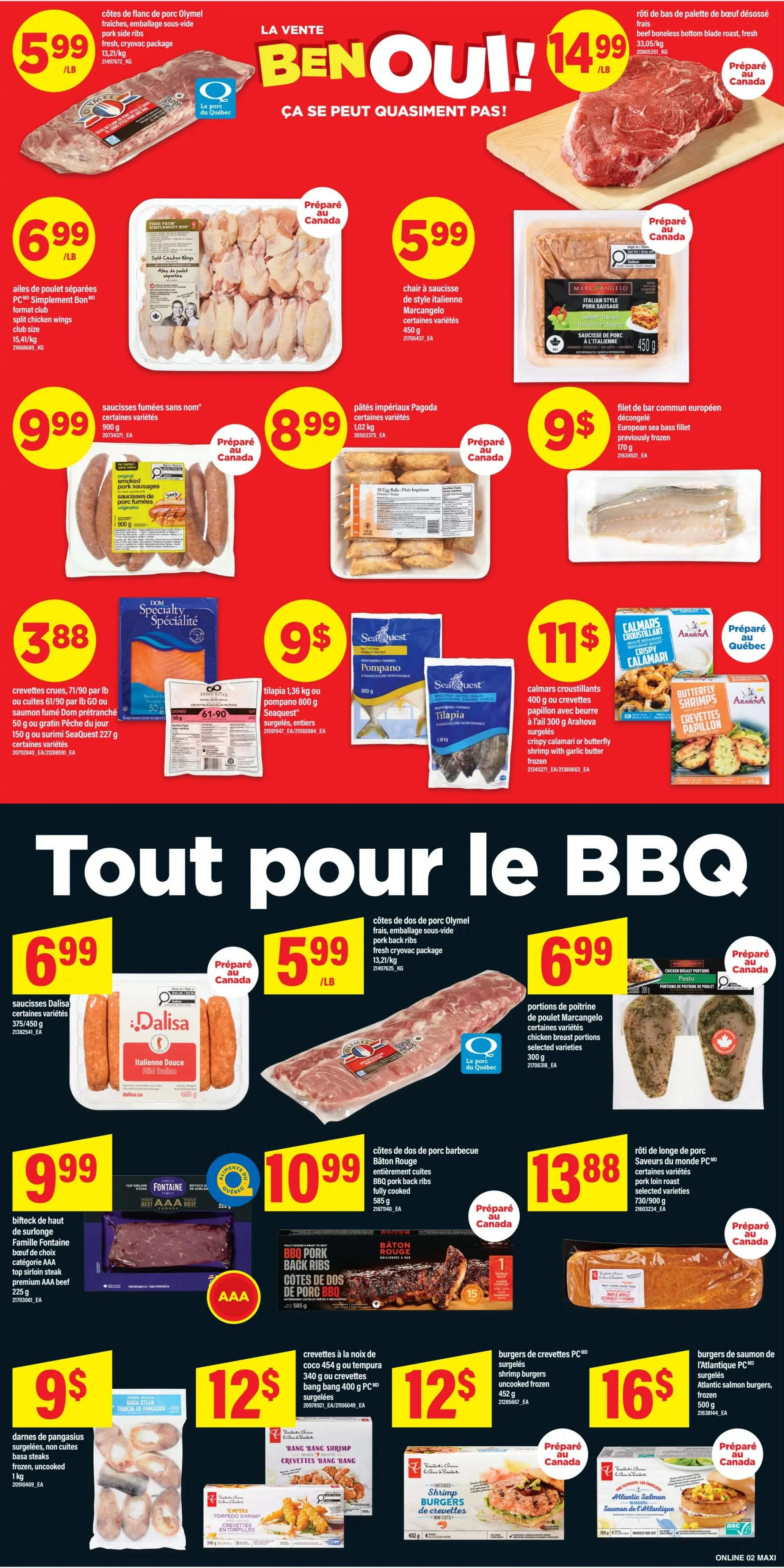 Maxi Weekly Flyer Specials Page 5 features a 'BEN OUI!' sale with 'Ça se peut quasiment pas!' (It almost can't happen!) pricing. Top deals include Olymel pork neck roast for $5.99/lb, fresh beef bottom blade roast for $14.99/lb, split chicken wings for $6.99/lb, and Italian style Marcangelo pork sausage for $5.99. Other featured items are Pagoda imperial potstickers for $8.99, European sea bass fillets for $9, and Dom Specialty smoked salmon for $3.88. Seafood specials include SeaQuest tilapia for $9, Arahova crispy calamari or butterfly shrimp for $11, and PC frozen shrimp burgers for $12. Meat deals include Dalisa sausages for $6.99, Olymel pork back ribs for $5.99/lb, PC Bâton Rouge pork back ribs for $10.99, AAA premium beef top sirloin steak for $9.99, and PC pork loin roast for $13.88. Also available are PC Atlantic salmon burgers for $16.