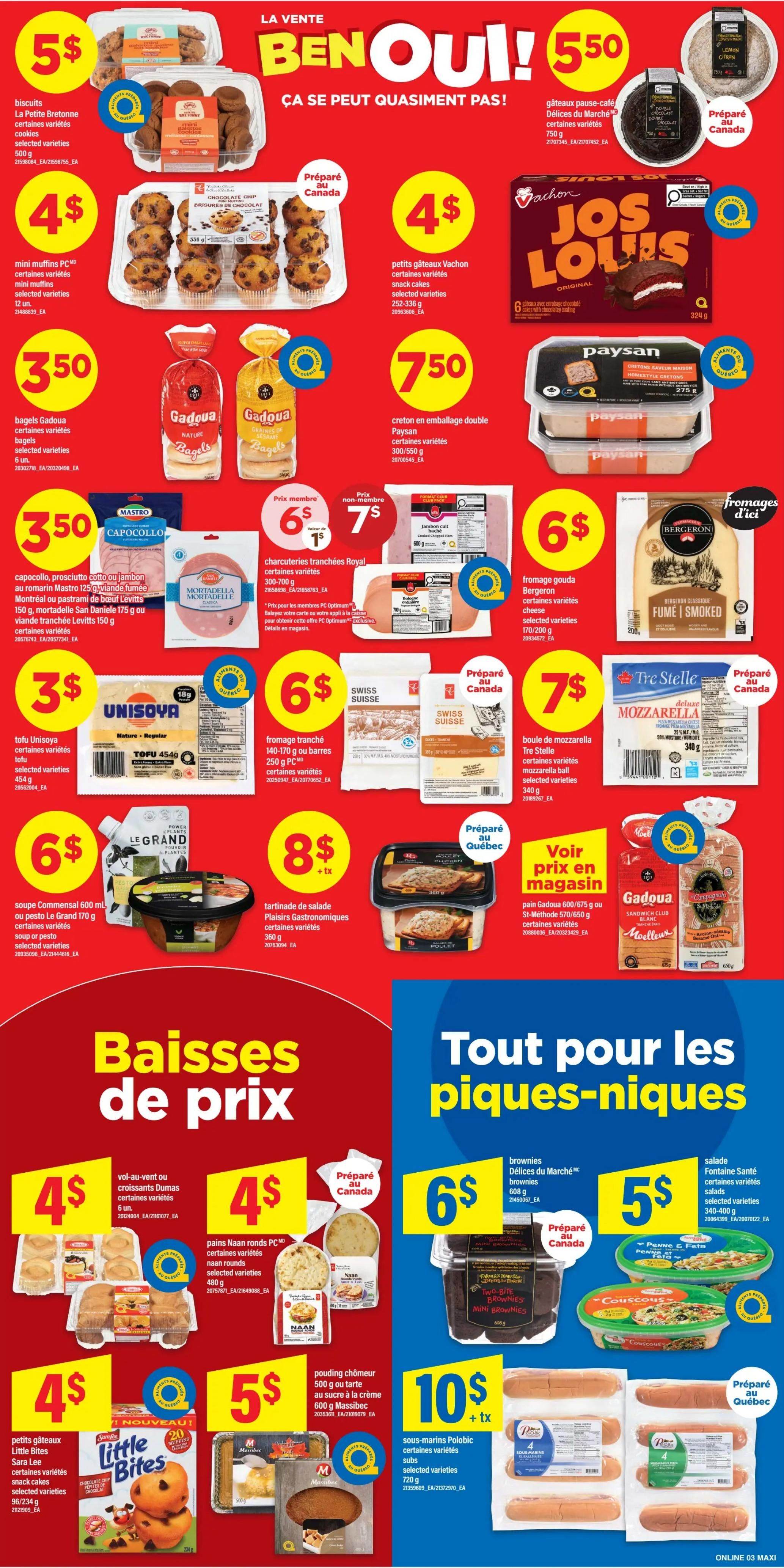 Maxi Weekly Flyer Specials Page 6: Featuring a variety of deals including La Petite Bretonne biscuits for $5, PC Mini Muffins for $4, Vachon Jos Louis snack cakes for $4, Gadoua bagels for $3.50, Paysan double cream creton for $7.50, Mastro capicollo, prosciutto cotto or ham for $3.50, Royal Lunch ham for $6 (member price) or $7 (non-member price), Unisoya tofu for $3, Bergeron gouda cheese for $6, Tre Stelle mozzarella ball for $7, Le Grand plant-based soup for $6, and Plaisirs Gastronomiques salad tartinade for $8. Also featured are Dumas vol-au-vent or croissants for $4, PC Naan rounds for $4, Little Bites Sara Lee snack cakes for $4, Massibec pudding chômeur for $5, and Polobloc subs for $10. The bottom section highlights picnic items: Delices du Marche brownies for $6, Fontaine Santé salads for $5, and prepared Quebec subs for $10 + tax.