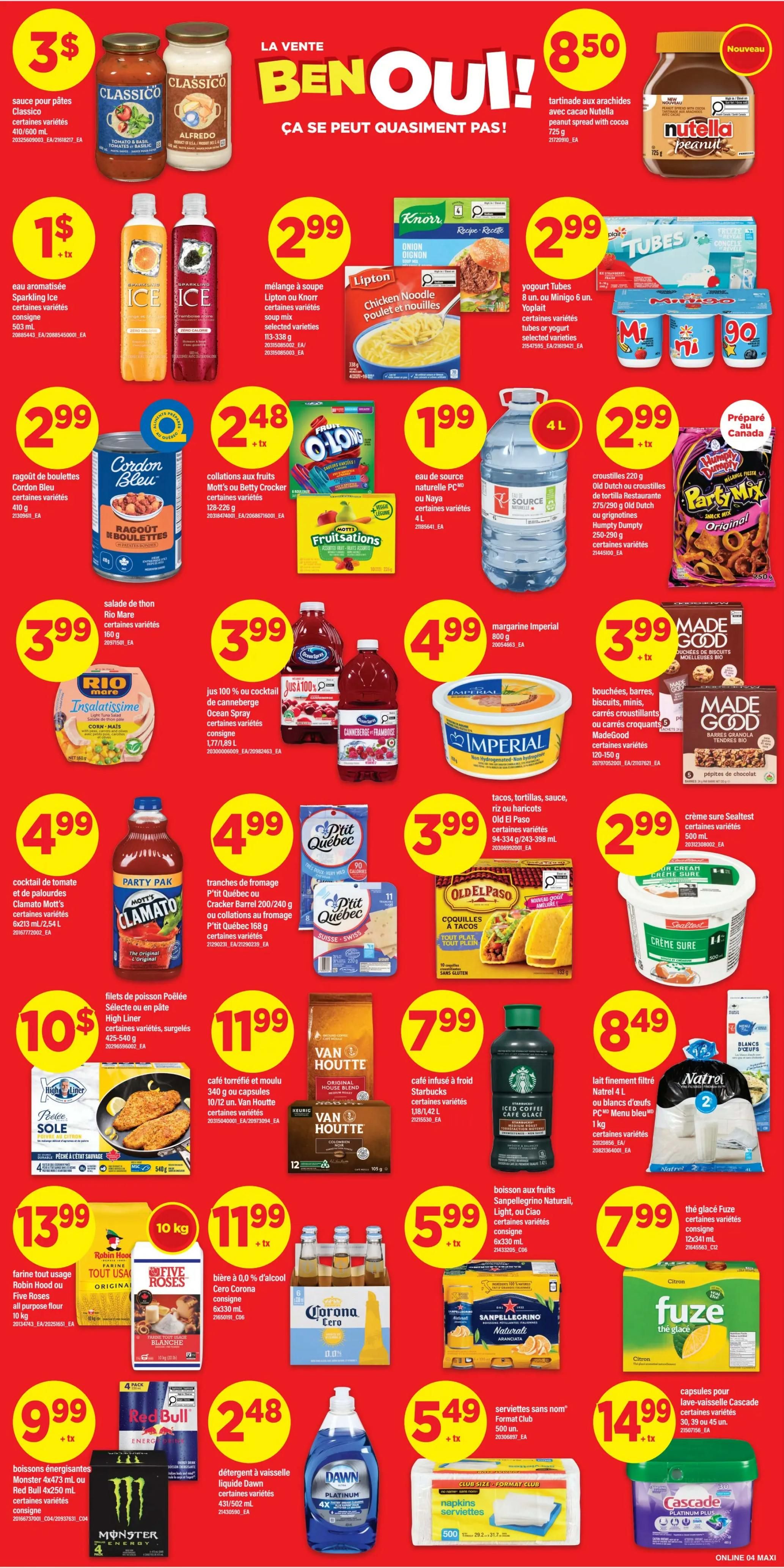 Maxi Weekly Flyer Specials, Page 7. Featured deals include Classico pasta sauce for $3, Ice sparkling drinks for $1 + tax, Knorr or Lipton soup mix for $2.99, Nutella peanut spread for $8.50, and Cordon Bleu ragout for $2.99. Also on sale are Mott's or Betty Crocker fruit snacks for $2.48 + tax, O'Long fruit snacks for $2.48 + tax, and Source or Naya natural spring water 4L for $1.99. Other offers include Rio Mare tuna for $3.99, Ocean Spray cranberry/raspberry juice for $3.99, Imperial margarine for $4.99, and MadeGood cookies and granola bars for $3.99. Old El Paso tortillas, taco shells, or seasoning for $3.99, and P'tit Québec or Cracker Barrel cheese for $4.99. High Liner Sole fillets for $10, Van Houtte coffee for $11.99, and Starbucks iced coffee for $7.99. Natrel 1% milk or PC Menu Bleu eggs for $8.49. Robin Hood or Five Roses all-purpose flour for $13.99, Five Roses baking flour for $13.99, and Five Roses original pancake mix for $13.99. Cero Corona non-alcoholic beer 6x330ml for $11.99. San Pellegrino Naturali, Light, or Ciao sparkling drinks for $5.99. Monster Energy drinks or Red Bull for $9.99. Dawn Platinum dish detergent for $2.48 + tax. Unbranded napkins for $5.49 + tax. Fuze iced tea for $7.99. Cascade Platinum dishwasher detergent pods for $14.99 + tax.