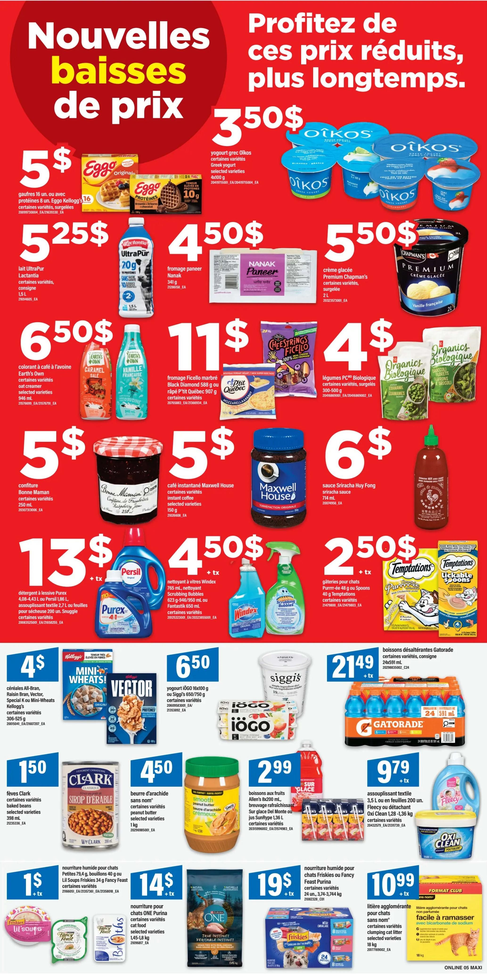 Maxi Weekly Flyer Specials, Page 8. Featuring various deals including Eggo waffles for $5, UltraPur Lactantia milk for $5.25, Nanak paneer for $4.50, and Premium Chapman's ice cream for $5.50. Also available are Earth's Own caramel and vanilla coffee creamer for $6.50, Black Diamond Ficcello shredded mozzarella for $11, and PC Organic broccoli florets for $4. Maxwell House instant coffee is $5, Bonne Maman jam is $5, and Huy Fong Sriracha sauce is $6. Purex laundry detergent is $13, Windex glass cleaner and Scrubbing Bubbles cleaner are $4.50, and Temptations cat treats are $2.50. Cereal deals include All-Bran, Raisin Bran, Vector, Special K, and Mini-Wheats for $4. iÖGO yogurt is $6.50, and Siggi's yogurt is $21.49 for a multi-pack. Gatorade is $21.49 for a 24-pack. Clark's syrup is $1.50. Peanut butter is $4.50. Allen's juice is $2.99. Fleecy fabric softener and Oxi Clean laundry detergent are $9.79. Purina ONE cat food is $19, Friskies cat food is $19, and a large box of clumping cat litter is $10.99.
