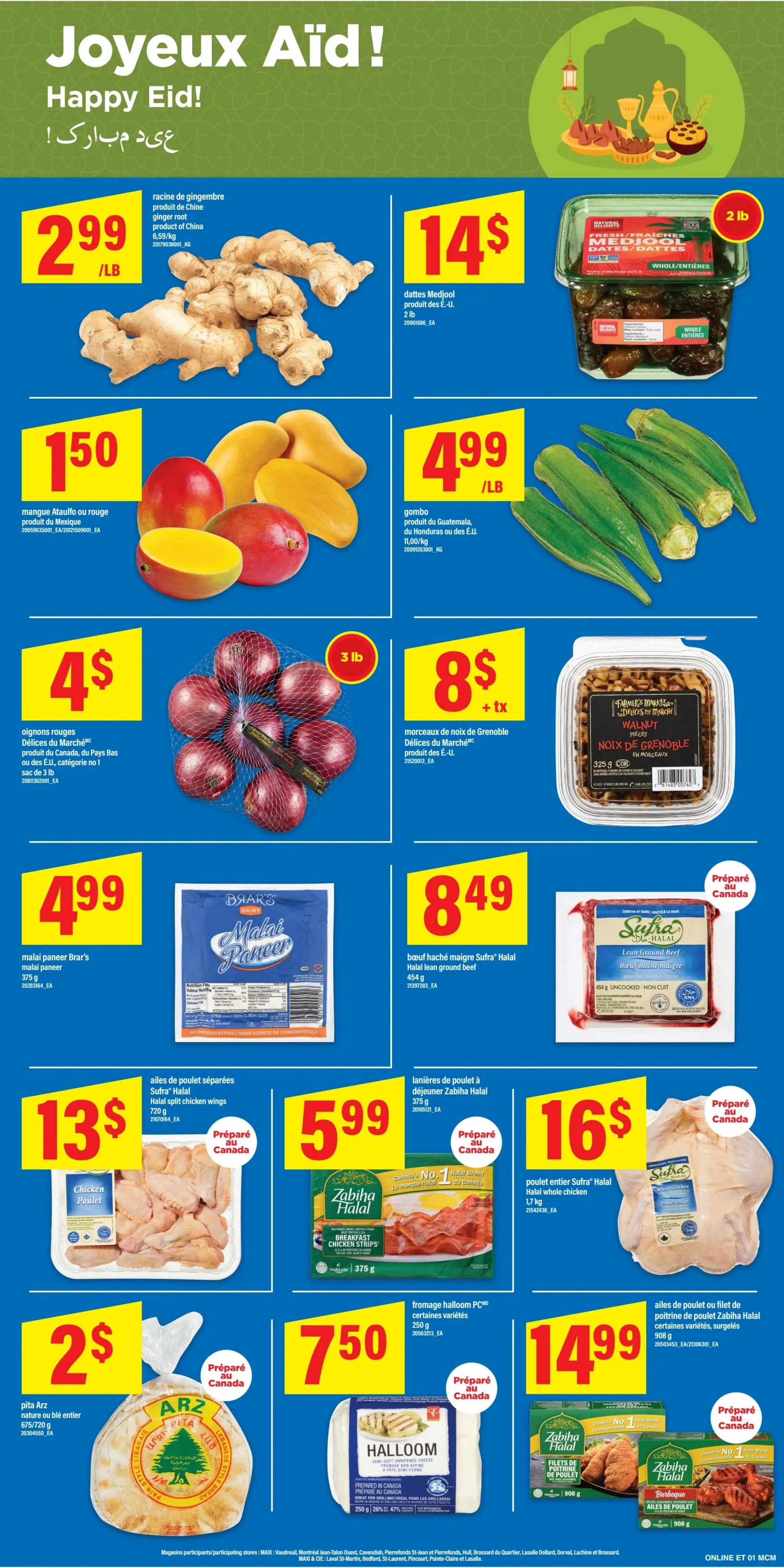 Maxi Weekly Flyer Specials, Page 9. This page features a 'Happy Eid!' greeting. Products on sale include: ginger root from China for $2.99/lb, Medjool dates (2 lb) for $14, Ataulfo or red mangoes for $1.50 each, and okra from Guatemala or Honduras for $4.99/lb. Also available are red onions (3 lb bag) for $4, Grenoble walnut pieces for $8 + tax, Malai paneer (375g) for $4.99, and Sufra Halal lean ground beef (454g) for $8.49. Other deals include Sufra Halal split chicken wings (720g) for $13, Zabiha Halal breakfast chicken strips (375g) for $5.99, Sufra Halal whole chicken (1.7 kg) for $16, Arz whole wheat pita bread (675g/720g) for $2, Halloom PC brand cheese (250g) for $7.50, and Zabiha Halal chicken breast or thigh fillets (908g) for $14.99. Many products are prepared in Canada.