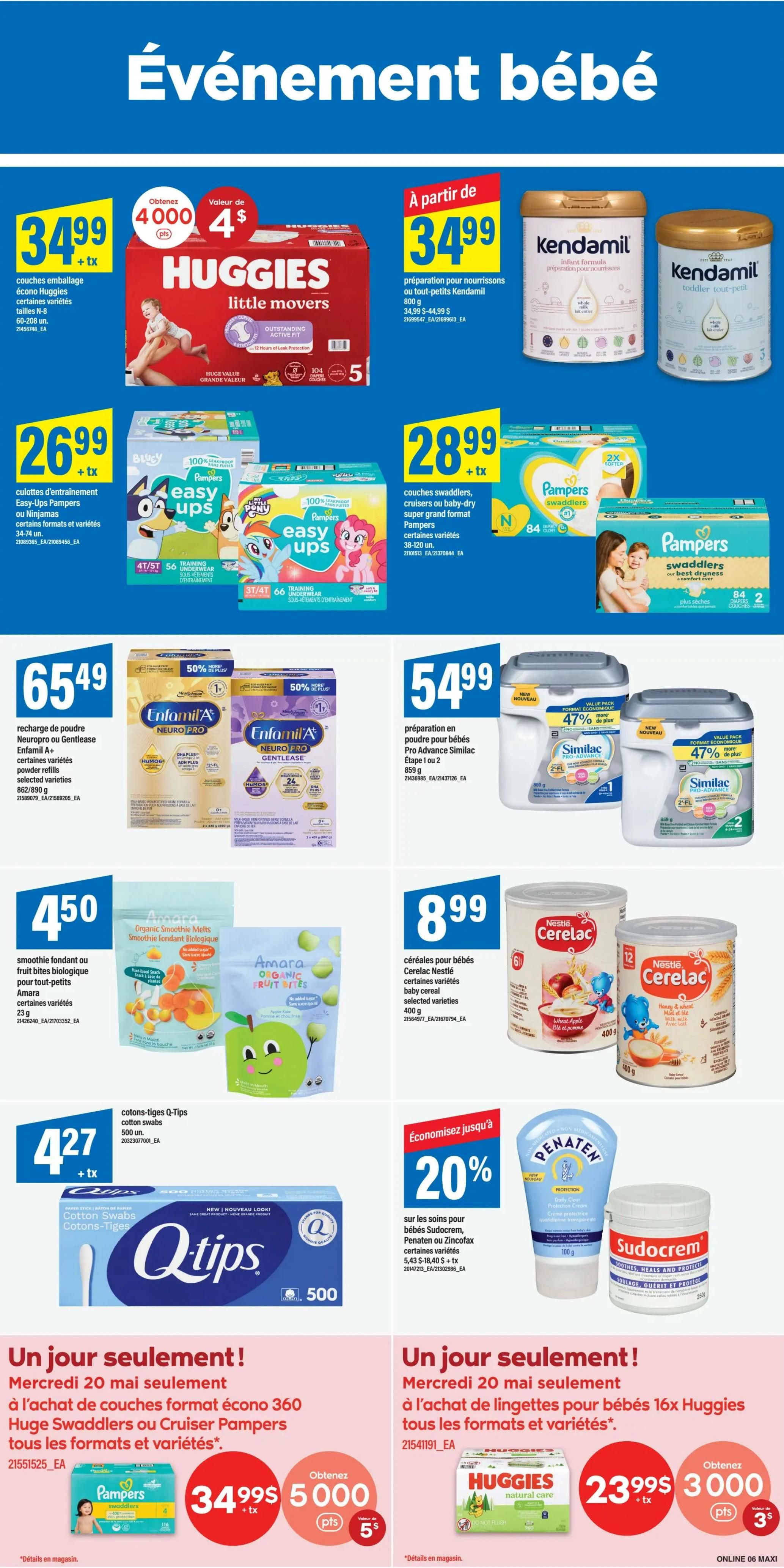Maxi weekly flyer specials page 12, featuring a baby event. Offers include Huggies Little Movers diapers for $34.99 with 4000 points, Kendamil infant formula starting at $34.99, Pampers Easy-Ups training pants for $26.99, and Pampers Swaddlers diapers for $28.99. Also featured are Enfamil A+ Neuro Pro or Gentlease powder refills for $65.49, Similac Pro-Advance infant formula for $54.99, Amara organic fruit bites for $4.50, and Nestlé Cerelac baby cereal for $8.99. Q-Tips cotton swabs are on sale for $4.27. Save 20% on Sudocrem, Penaten, or Zincofax baby creams. Special one-day offers on Wednesday, May 20th include Huggies Swaddlers or Pampers Cruiser diapers (360 count) for $34.99 with 5000 points, and 16x Huggies baby wipes for $23.99 with 3000 points.