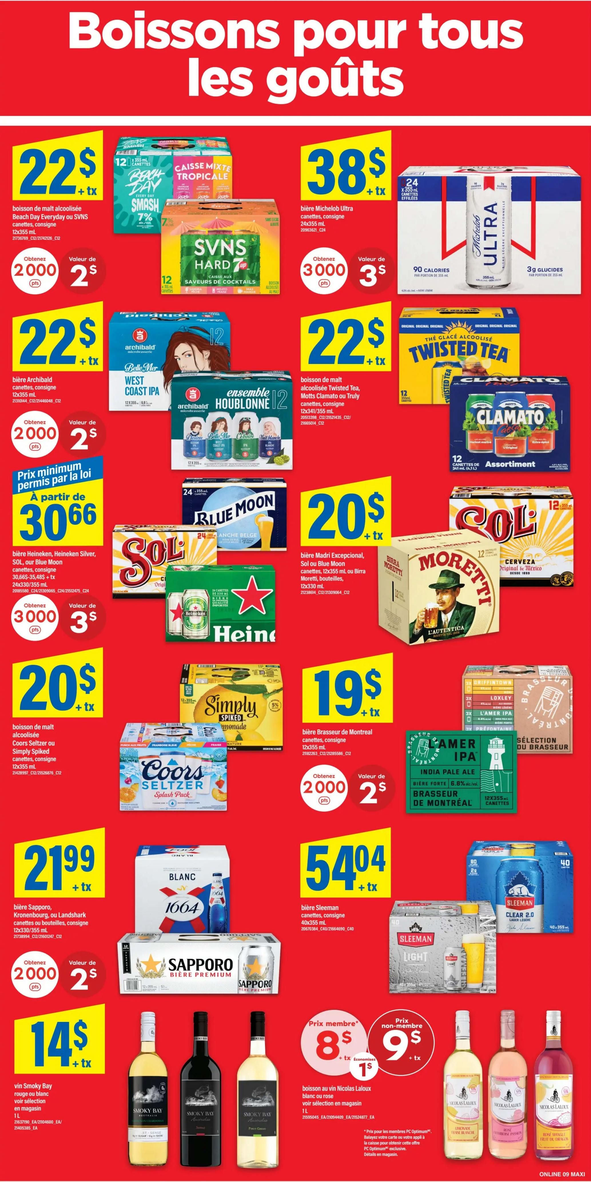 Maxi Weekly Flyer Specials, Page 15. This page features a variety of beverage deals. Top row includes: 12x355 mL Beach Day alcoholic malt beverage, tropical mix, for $22 + tx; 12x355 mL SVNS Hard 7 cocktails for $22 + tx; 24x355 mL Michelob Ultra beer for $38 + tx. Second row: 12x355 mL Archibald West Coast IPA beer for $22 + tx; 12x355 mL Archibald Houblonne beer for $22 + tx; 12x355 mL Twisted Tea alcoholic malt beverage, Motts Clamato or Truly Cans, for $22 + tx. Third row: 12x355 mL Heineken Silver, Sol, or Blue Moon cans for $30.66 minimum price by law, with a value of $3 + tx when you get 3000 pts; 24x355 mL Blue Moon beer for $20 + tx; 12x355 mL Madri Excepcional, Sol, or Blue Moon cans, or Birra Moretti bottles for $20 + tx. Fourth row: 12x355 mL Coors Seltzer or Simply Spiked lemonade for $19 + tx; 12x355 mL India Pale Ale from Brasseur de Montreal for $19 + tx. Fifth row: 12x355 mL Sapporo, Kronenbourg, or Landshark beer for $21.99 + tx, with a value of $2 + tx when you get 2000 pts; 40x355 mL Sleeman cans for $54.04 + tx. Bottom row: 1L Smoky Bay red, white, or rosé wine for $14 + tx. Also, Nicolas Laloux white or rosé wine: member price $8 + tx (save $1), non-member price $9 + tx.99 + tx.