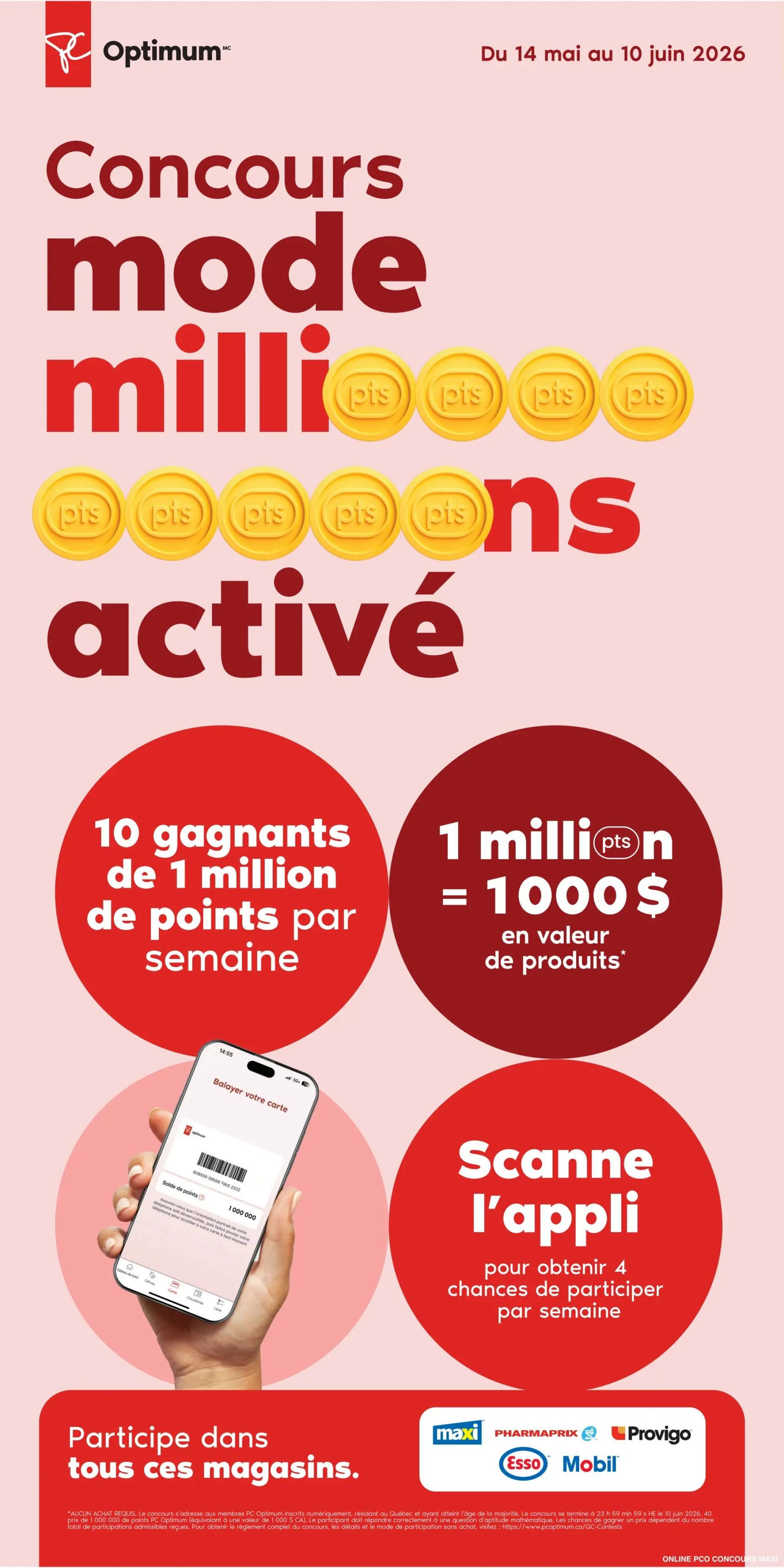 Maxi flyer page 18: 'Concours mode millions activé' (Contest mode millions activated) promotion from May 14 to June 10, 2026. The contest offers 10 weekly winners of 1 million PC Optimum points each. One million points is equivalent to $1000 in product value. To enter, scan the app for 4 chances to participate per week. The page features an image of a hand holding a smartphone displaying a PC Optimum card with a balance of 1,000,000 points. The contest is valid in Maxi, Pharmaprix, Provigo, Esso, and Mobil stores. Official contest rules and details are available at pcopctimum.ca/qc-contests.
