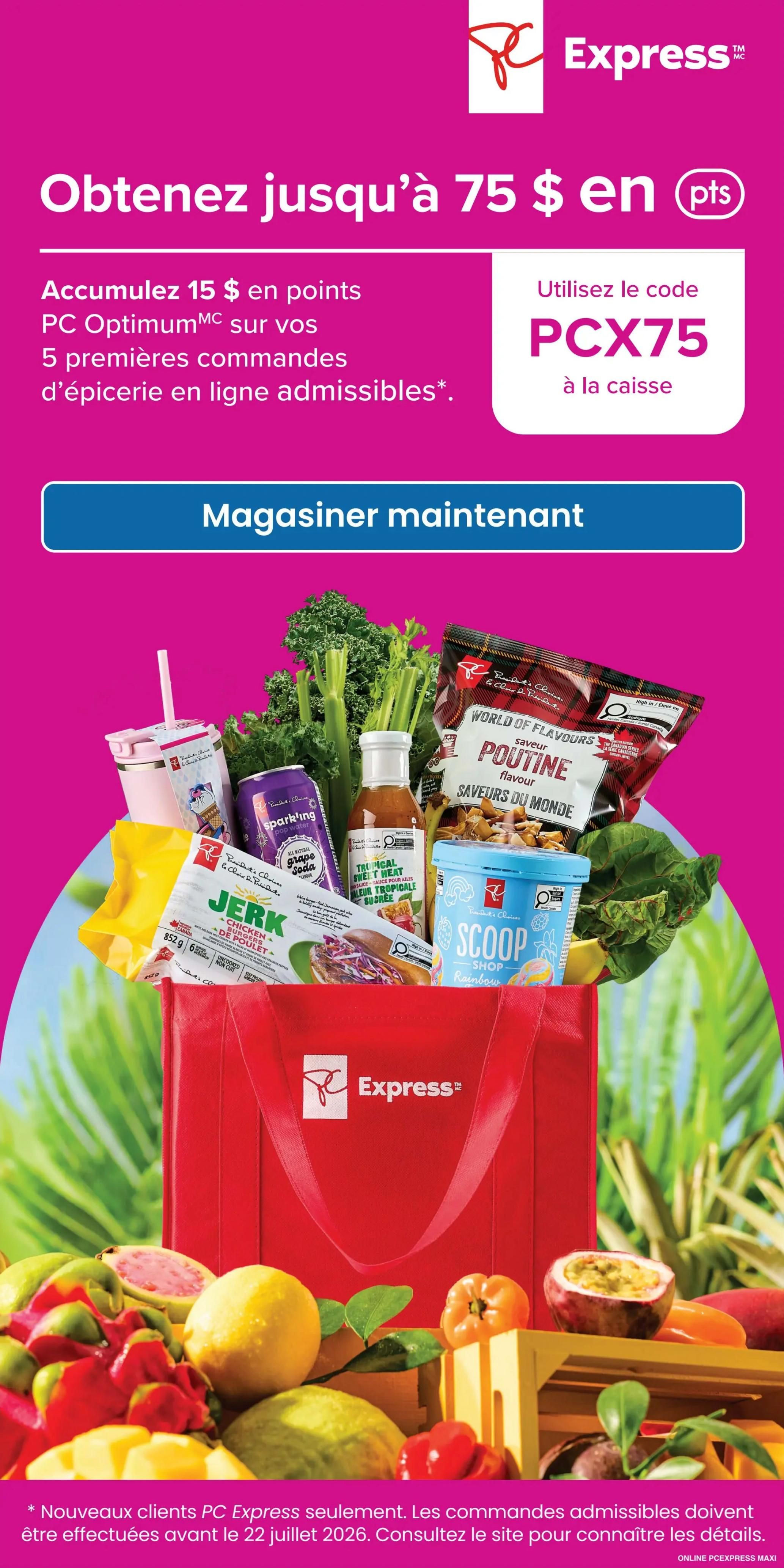Maxi PC Express flyer page featuring a promotion: Get up to $75 in points. Accumulate $15 in PC Optimum points on your first 5 eligible online grocery orders. Use code PCX75 at checkout. The page displays a red PC Express reusable bag filled with groceries including PC World of Flavours Poutine flavour chips, PC Sparkling Grape Soda, PC Tropical Sweet Heat All-Purpose Glaze, PC Jerk Chicken Burgers, and PC Scoop Rainbow ice cream. Fresh fruits like lemons, guavas, and passionfruit are also shown. This offer is for new PC Express customers only and eligible orders must be placed by July 22, 2026. Visit the website for details. Online PC Express Maxi.