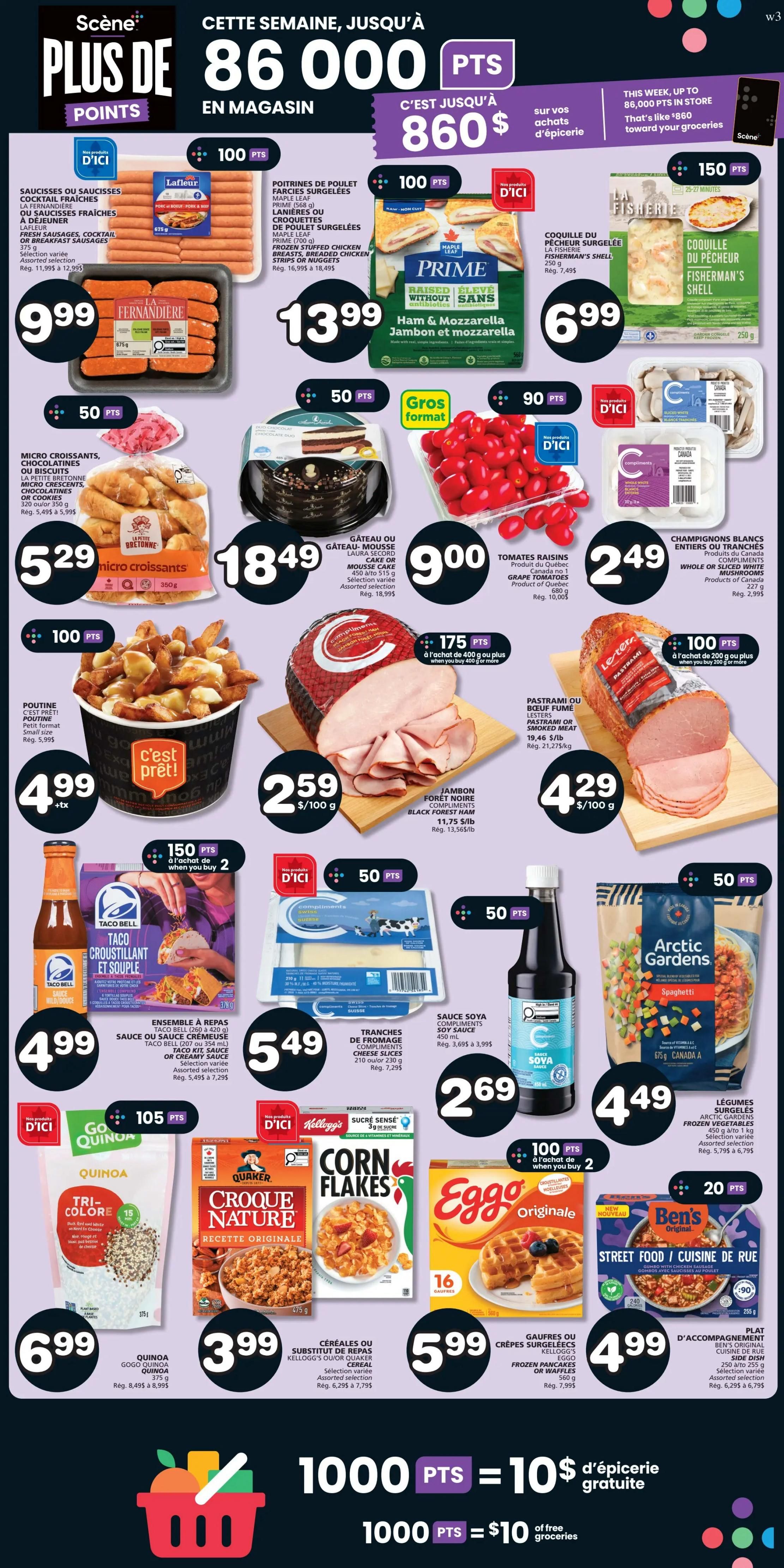 Marchés Tradition weekly flyer specials, page 7. Featured items include Lafleur sausages or breakfast sausages for $9.99, Maple Leaf Prime chicken breast strips or nuggets for $13.99, and La Fisherie fisherman's shell for $6.99. Also available are La Fernandière micro croissants for $5.29, a chocolate mousse cake for $18.49, and Compliments white or sliced mushrooms for $2.49. Other deals include Compliments poutine for $4.99, Black Forest ham for $2.59/100g, and Pastrami or smoked meat for $4.29/100g. Taco Bell Taco Kit, sauce or cremant sauce is $4.99. Compliments cheese slices are $5.49. Soy sauce is $2.69. Arctic Gardens frozen vegetables spaghetti is $4.49. Gogo Quinoa tri-colour quinoa is $6.99. Quaker Croque Nature cereal is $3.99. Eggo frozen pancakes or waffles are $5.99. Ben's Original Street Food / Cuisine de Rue side dish is $4.99. The flyer also highlights Scene+ points offers throughout the page, with 1000 points equaling $10 in free groceries.