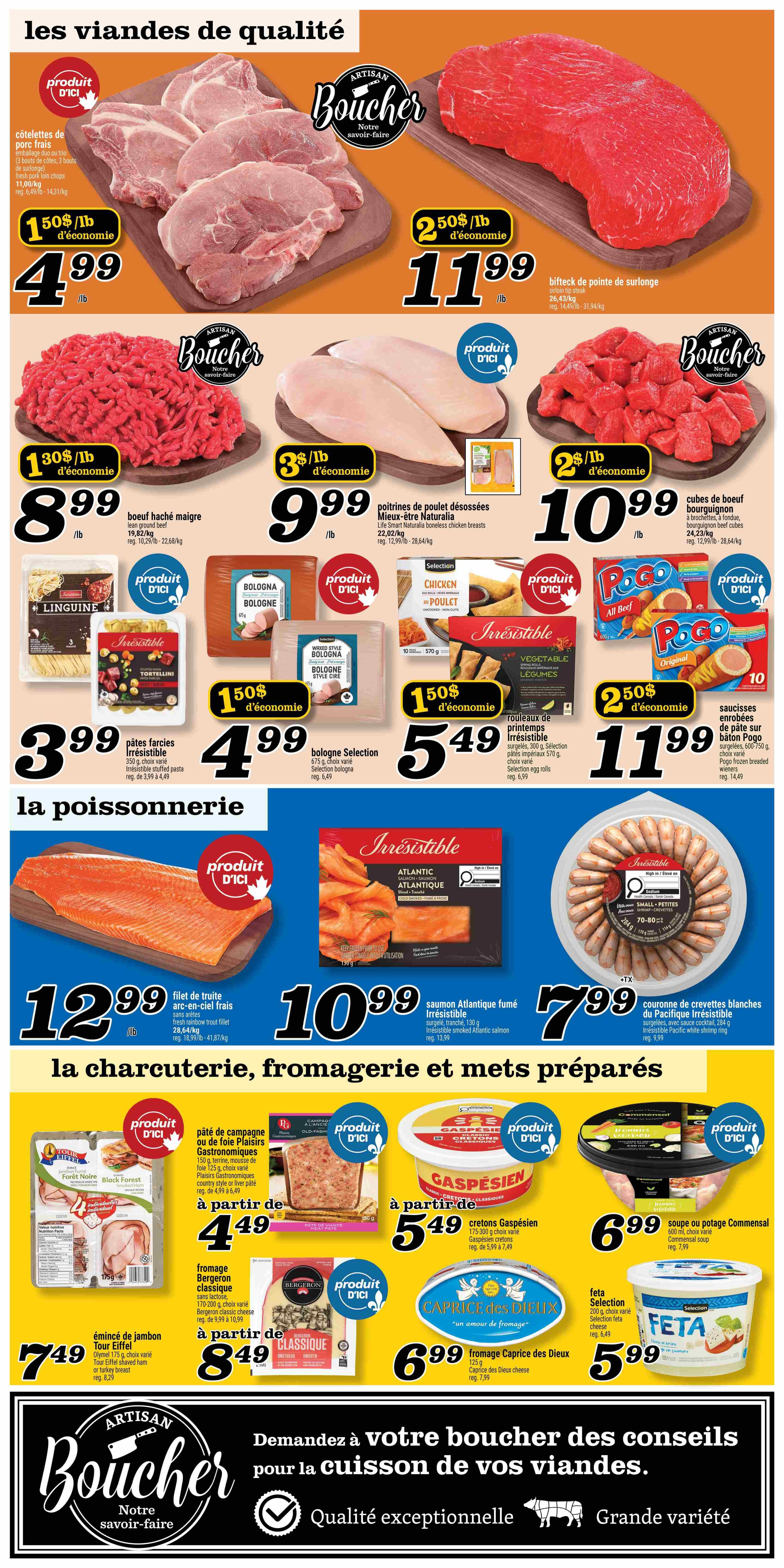 Marché Richelieu weekly flyer specials page 3. Featuring 'Les Viandes de Qualité' (Quality Meats) with pork chops at $4.99/lb, sirloin tip steak at $11.99/lb, lean ground beef at $8.99/lb, and boneless chicken breasts at $9.99/lb. Also available are Linguiine pasta for $3.99, bologna selection for $4.99, and Irresistible spring rolls for $5.49. Pogo chicken breaded wieners are $11.99. 'La Poissonnerie' (Seafood) section includes fresh rainbow trout fillet for $12.99/lb and Irresistible smoked Atlantic salmon for $10.99. 'La Charcuterie, Fromagerie et Mets Préparés' (Deli, Cheese and Prepared Foods) offers Black Forest ham for $4.49, Gaspesien cretons for $5.49, Commensal soup or potage for $6.99, Bergeron classic cheese for $8.49, Caprice des Dieux cheese for $6.99, and Feta selection for $5.99. The flyer also features a 'Produit d'ici' (Product from here) section and a message about quality and variety from Artisan Boucher.