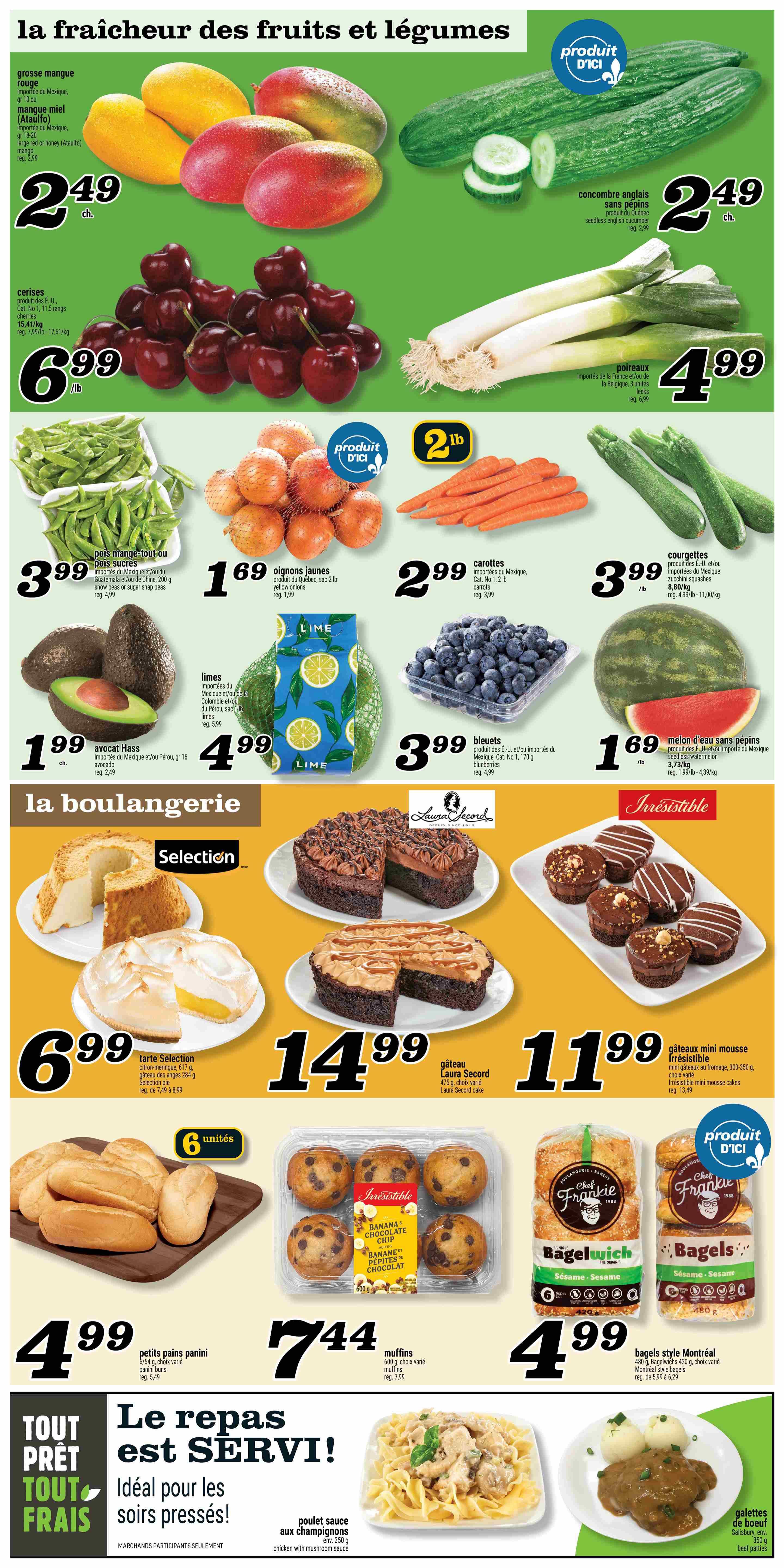 Marché Richelieu weekly flyer specials page 4 features a variety of fresh produce and bakery items. Fresh fruits and vegetables include red mangoes for $2.49 each, seedless English cucumbers for $2.49 each, cherries for $6.99/lb, leeks for $4.99, green peas for $3.99, yellow onions for $1.69 per 2 lb bag, carrots for $2.99, zucchinis for $3.99/lb, Hass avocados for $1.99 each, limes for $4.99, blueberries for $3.99, and seedless watermelon for $1.69/lb. In the bakery section, find Selection brand tarte Selection for $6.99, Laura Secord cakes for $14.99, Irresistible mini mousse cakes for $11.99, panini rolls for $4.99 for 6 units, muffins for $7.44, and Chef Frankie bagels for $4.99. Also featured is a ready-to-eat chicken with mushroom sauce for $3.50 and beef galettes for $5.99.