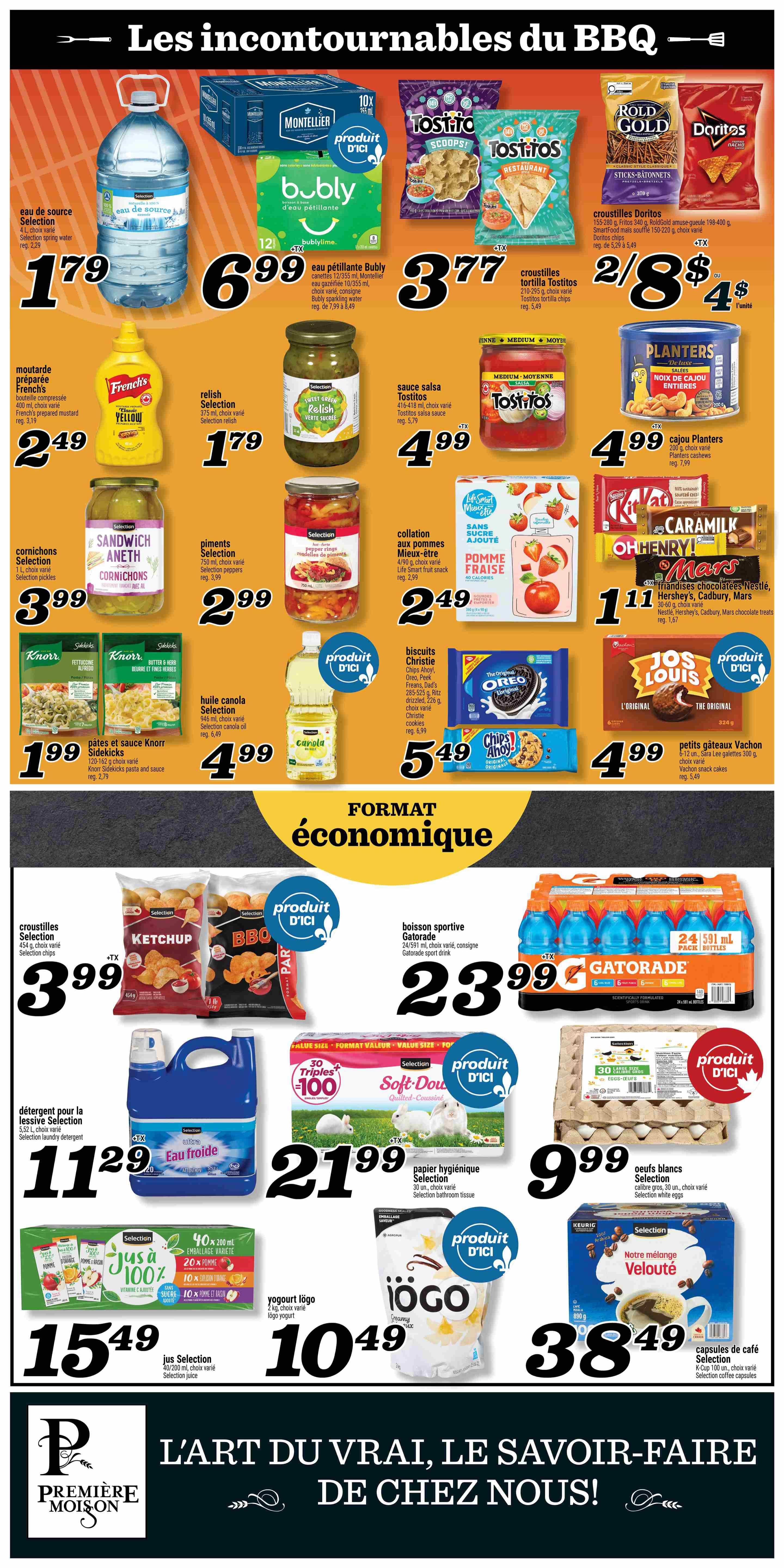 Marché Richelieu weekly flyer specials page 5 features a variety of BBQ essentials and household items. Highlights include Selection spring water for $1.79, Bubly sparkling water 12-pack for $6.99, and Tostitos tortilla chips for $3.77. Other featured products are French's prepared mustard for $2.49, Selection relish for $1.79, Tostitos salsa sauce for $4.99, and Planters cashew nuts for $4.99. Snacks include Selection cornichons for $3.99, Selection pepper rings for $2.99, and Life Smart fruit snacks for $2.49. Knorr Sidekicks pasta and sauce are on sale for $1.99, and Selection canola oil is $4.99. Cookies like Christie Chips Ahoy!, Oreo, and Ritz are available for $5.49. Vachon cakes are $4.99. For beverages, there's Gatorade sport drink for $23.99. Household items include Selection laundry detergent for $11.29, Selection bathroom tissue for $21.99, and Selection white eggs for $9.99. Also featured are Selection juice for $15.49, Iögo yogurt for $10.49, and Selection coffee capsules for $38.49.