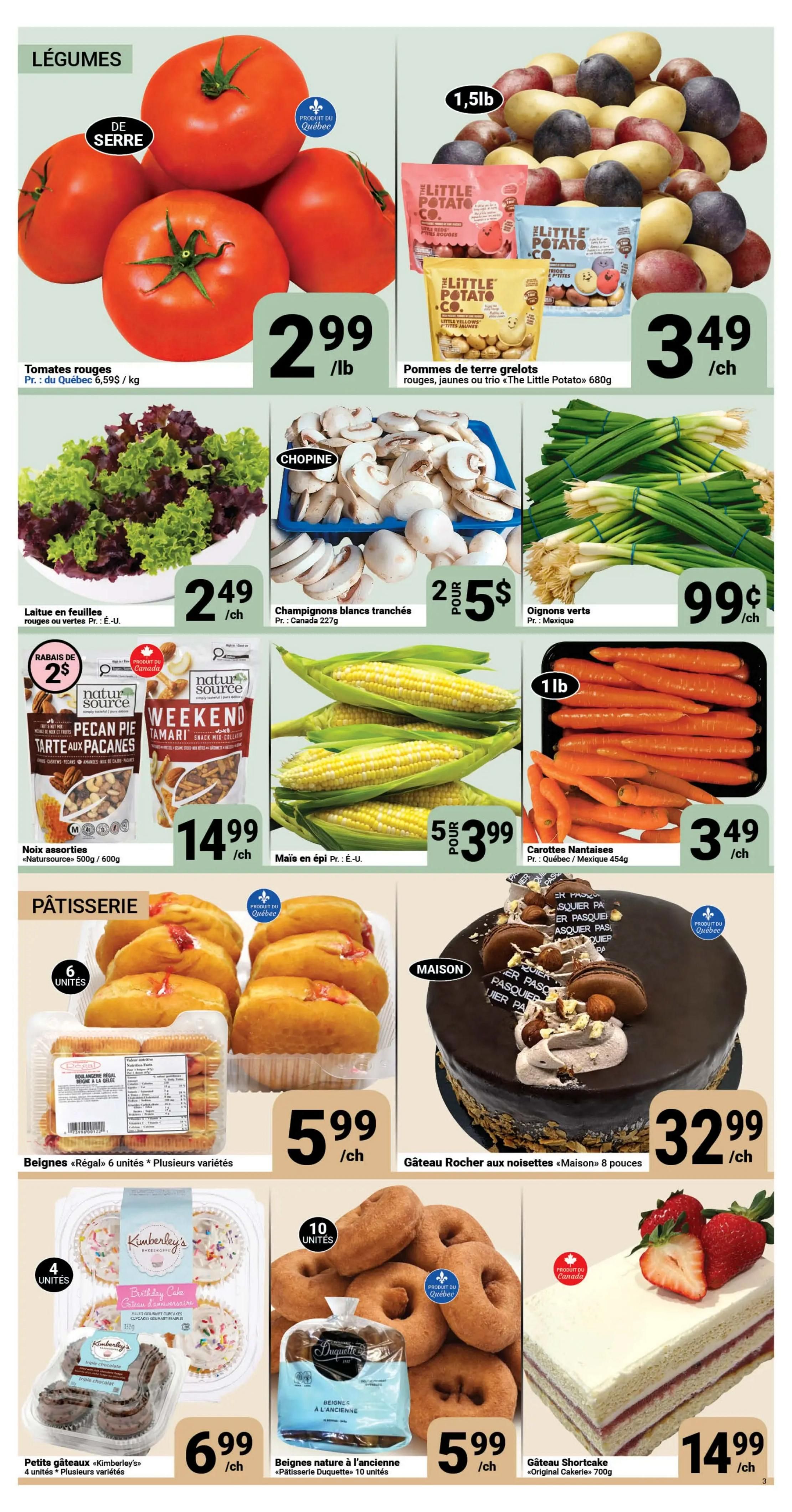 Pasquier weekly flyer specials page 3 features a variety of fresh produce and baked goods. Featured vegetables include greenhouse tomatoes for $2.99/lb, Little Potato Co. creamer potatoes (red, yellow, or trio) for $3.49 each, sliced white mushrooms for $2.55, and green onions for $0.99 each. Fresh produce also includes leaf lettuce for $2.49 each, corn on the cob for $3.99 for 5 ears, and Nantes carrots for $3.49/lb. Bakery items include Natur Source assorted nuts (Pecan Pie and Tamari) with a $2 off discount, priced at $14.99/lb. In the Pâtisserie section, 'Régal' donuts are available for $5.99/6 units, 'Maison' Rocher hazelnut cake is $32.99, 'Kimberley's' cupcakes are $6.99/4 units, 'Pâtisserie Duquette' old-fashioned donuts are $5.99/10 units, and 'Original Cakerie' strawberry shortcake is $14.99.