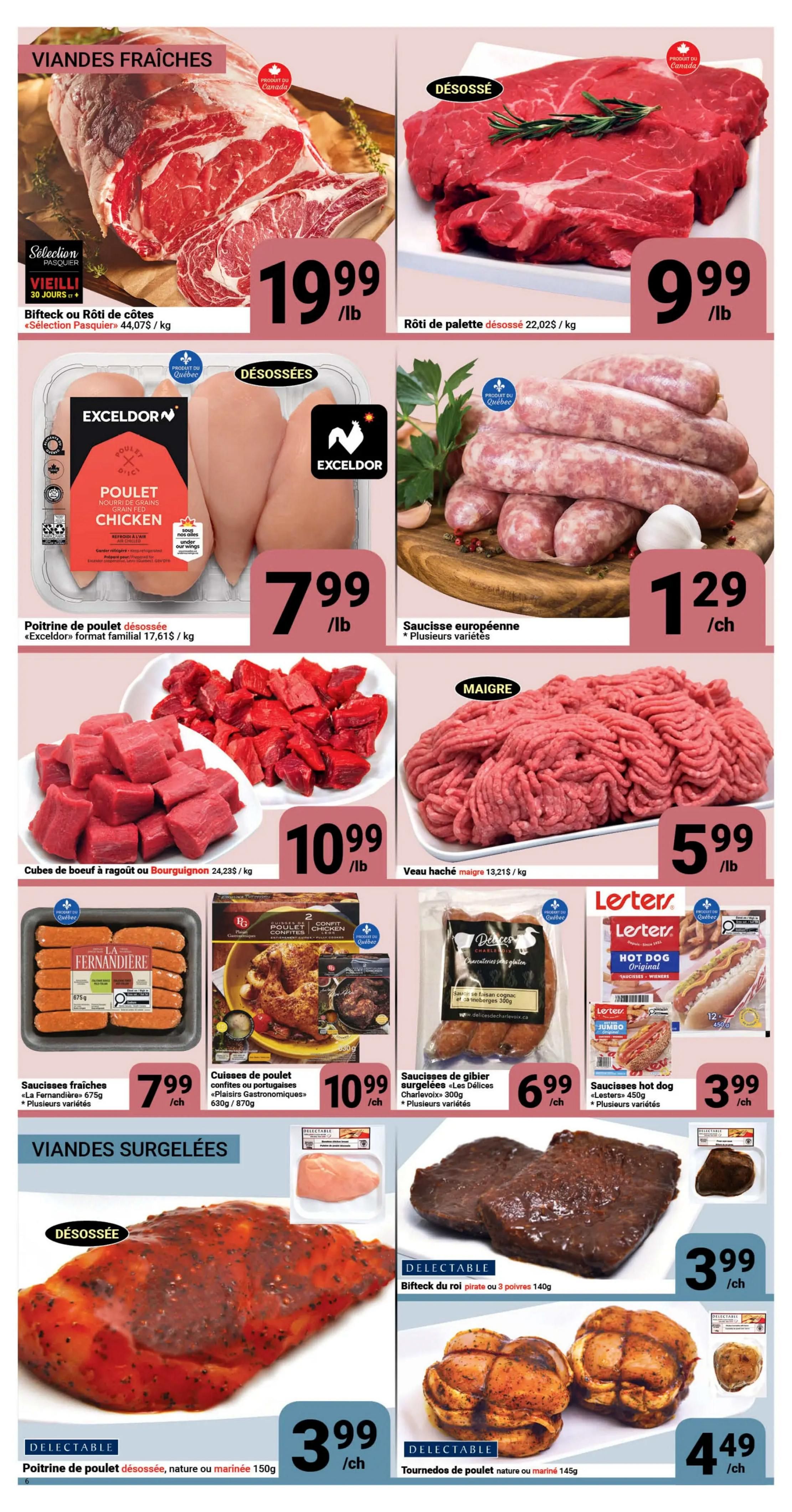 Pasquier Weekly Flyer Specials Page 6 features a selection of fresh and frozen meats. Fresh options include Selection Pasquier Beef or Rib Roast at $19.99/lb, boneless beef chuck roast at $9.99/lb, boneless Exceldor grain-fed chicken breast at $7.99/lb, European sausage (various types) at $1.29 each, beef cubes for stew or Burgundy at $10.99/lb, and lean ground beef at $5.99/lb. Also available are La Fernandière fresh sausages for $7.99 each, confit or Portuguese chicken thighs for $10.99 each, and Les Délices Charlevoix wild game sausages for $6.99 each. Lester's hot dogs are $3.99 each. Frozen selections include boneless marinated chicken breast at $3.99 each, pirate-style beef steak with 3 peppers for $3.99 each, and marinated chicken tournedos for $4.49 each.