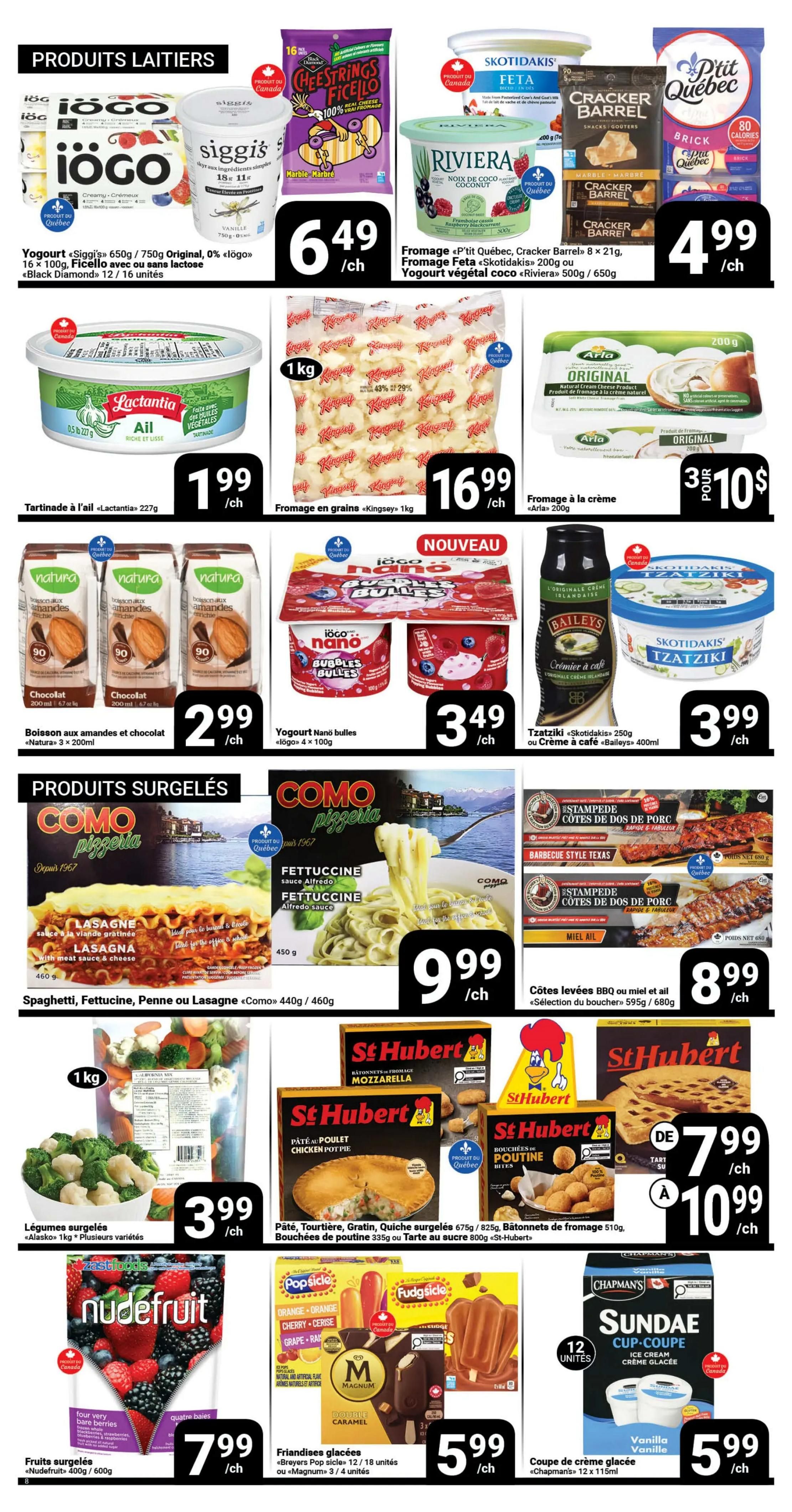 Pasquier flyer page 8 features dairy products including Iögo yogurt in 650g/750g original or lactose-free, Siggi's yogurt 750g, Black Diamond Cheestrings Flic-En-Roll 12 units, P'tit Québec, Cracker Barrel, and Skotidakis feta cheeses, Riviera yogurt 500g/650g, and Lactantia garlic spreadable cheese 227g. Frozen products include Kingsey shredded cheese 1kg, Arla original cream cheese 200g, Como Pizzeria lasagna, fettuccine, penne, or lasagna 440g/460g, Como Pizzeria fettuccine Alfredo sauce 450g, St Hubert chicken pot pie, tourtiere, gratin, or quiche 675g/825g, St Hubert cheese bites 510g, St Hubert poutine bites 800g, and BBQ or honey garlic pork ribs 595g/680g. Also featured are Alasko frozen vegetables 1kg, Nudefruit frozen berries 400g/600g, Popsicle or Fudgsicle frozen treats 12/18 units or 3/4 units, and Chapman's Sundae cup ice cream 12 units.