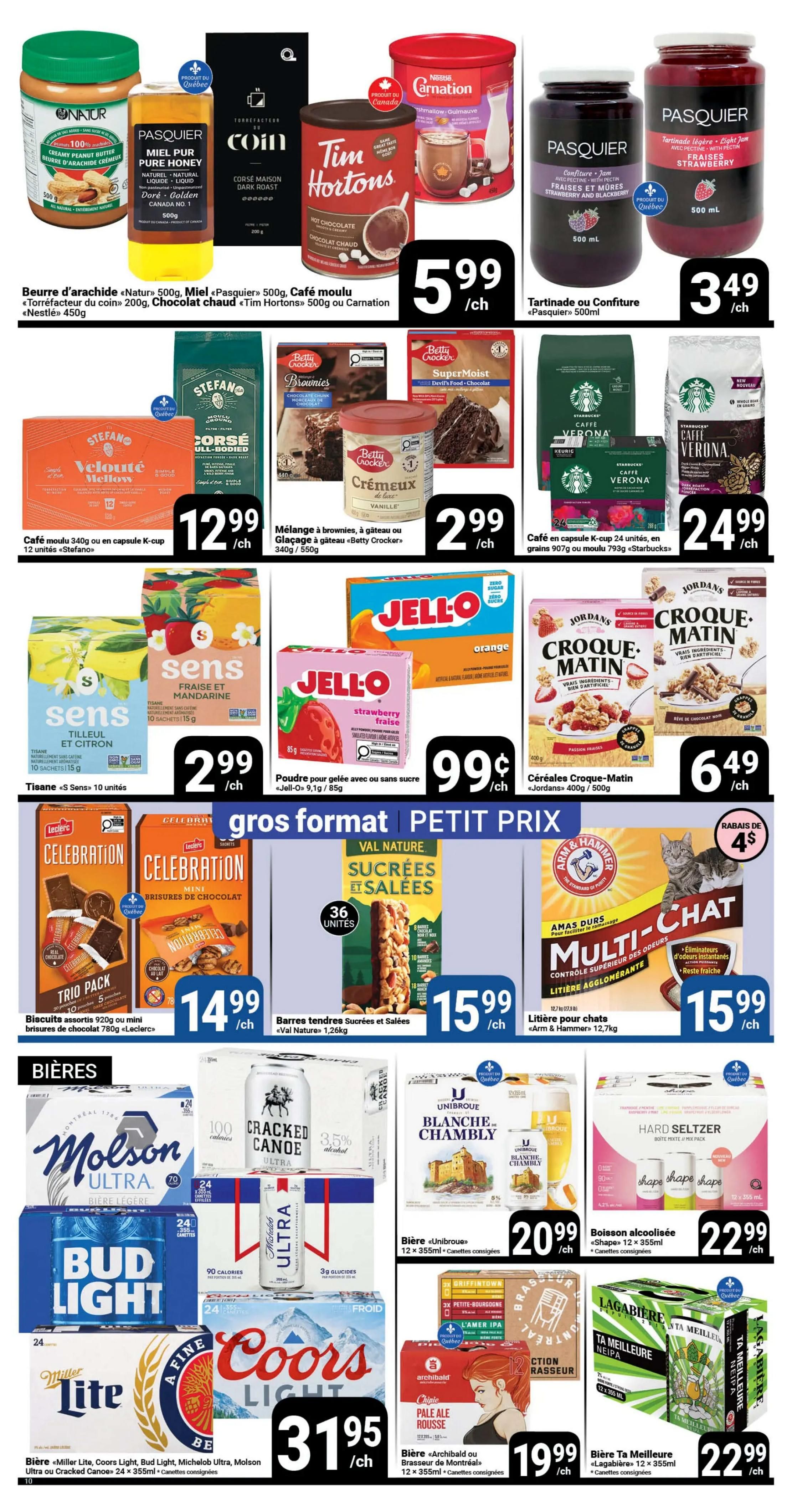 Pasquier weekly flyer specials page 10 features a variety of food and beverage items. Top row includes Natur Peanut Butter 500g, Pasquier Pure Honey 500g, Coin Dark Roast Coffee 200g, Tim Hortons Hot Chocolate 500g, and Carnation Marshmallow 450g for $5.99. Also featured are Pasquier Jams (Strawberry, Raspberry) 500mL for $3.49. Middle row showcases Stefano Velouté Mellow 340g or K-Cup capsules, and Betty Crocker Brownies, Cake Mix, or Frosting for $2.99. Jell-O Orange or Strawberry 85g is 99¢. Jordan's Croque-Matin Cereals 400g/500g are $6.49. Celebration Assorted Biscuits 920g or Chocolate Bites 780g are $14.99. Val Nature Sucrées et Salées snack bars 36 units are $15.99. Arm & Hammer Multi-Chat Litter 12.7kg is $15.99. Beer section includes Molson Ultra, Bud Light, Miller Lite, Coors Light, and Cracked Canoe 24 x 355mL cans for $31.95. Unibroue Blanche de Chambly beer 12 x 355mL cans are $20.99. Shape Hard Seltzer 12 x 355mL cans are $22.99. Archibald Pale Ale or Brasseur de Montréal beer 12 x 355mL cans are $19.99. La Gabiere Ta Meilleure Neipa beer 12 x 355mL cans are $22.99.