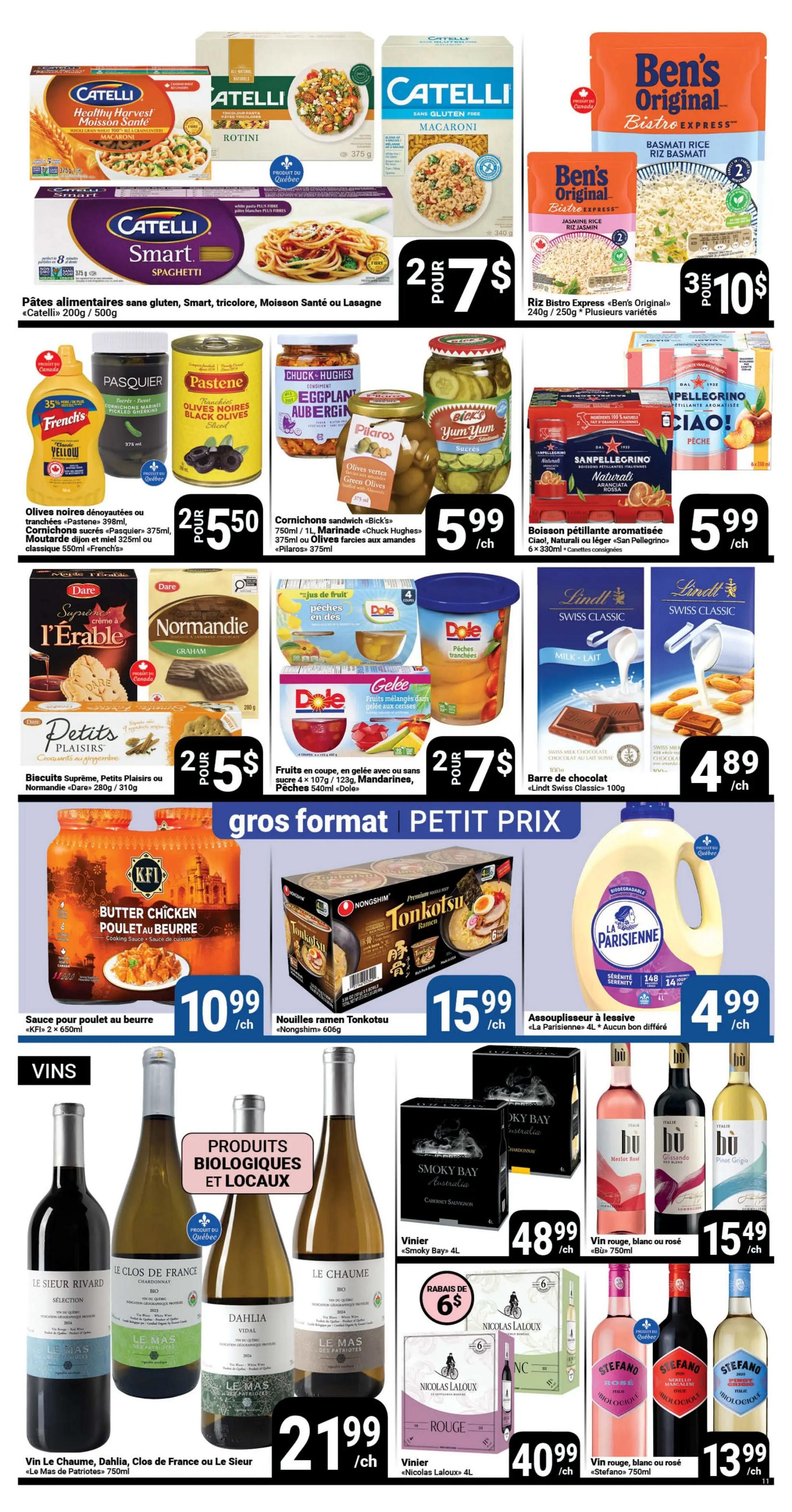 Pasquier flyer page 11 features a variety of grocery items and beverages. Top section showcases Catelli pasta products including Healthy Harvest Macaroni, Rotini, and Smart Spaghetti, with a 2 for $7 deal. Ben's Original Bistro Express Basmati Rice and Jasmine Rice are available for 3 for $10. Below, find Pasquier yellow mustard, Pastene black olives, and Chuck-Hughes sandwich pickles for $2.50. Also featured are Pilares green olives for $5.99 and San Pellegrino flavoured beverages for $5.99. Dare cookies, including Biscuits Suprême, Petits Plaisirs, and Normandie Graham, are 2 for $5. Dole sliced peaches and fruit jelly are 2 for $7. Lindt Swiss Classic chocolate bars are $4.89 each. KFI Butter Chicken sauce is $10.99, and Nongshim Tonkotsu Ramen noodles are $15.99. La Parisienne laundry detergent is $4.99. The bottom section highlights wines: Le Sieur Rivard, Le Clos de France, Dahlia, and Le Chaume are available for $21.99 per 750ml bottle. Smoky Bays 4L wine is $48.99. Hu wine (Merlot, Glissando, Pinot Grigio) is $15.49 per 750ml bottle. Nicolas Laloux 4L wine is $40.99. Stefano wine (Rosé, Rouge, Blanc) is $13.99 per 750ml bottle.