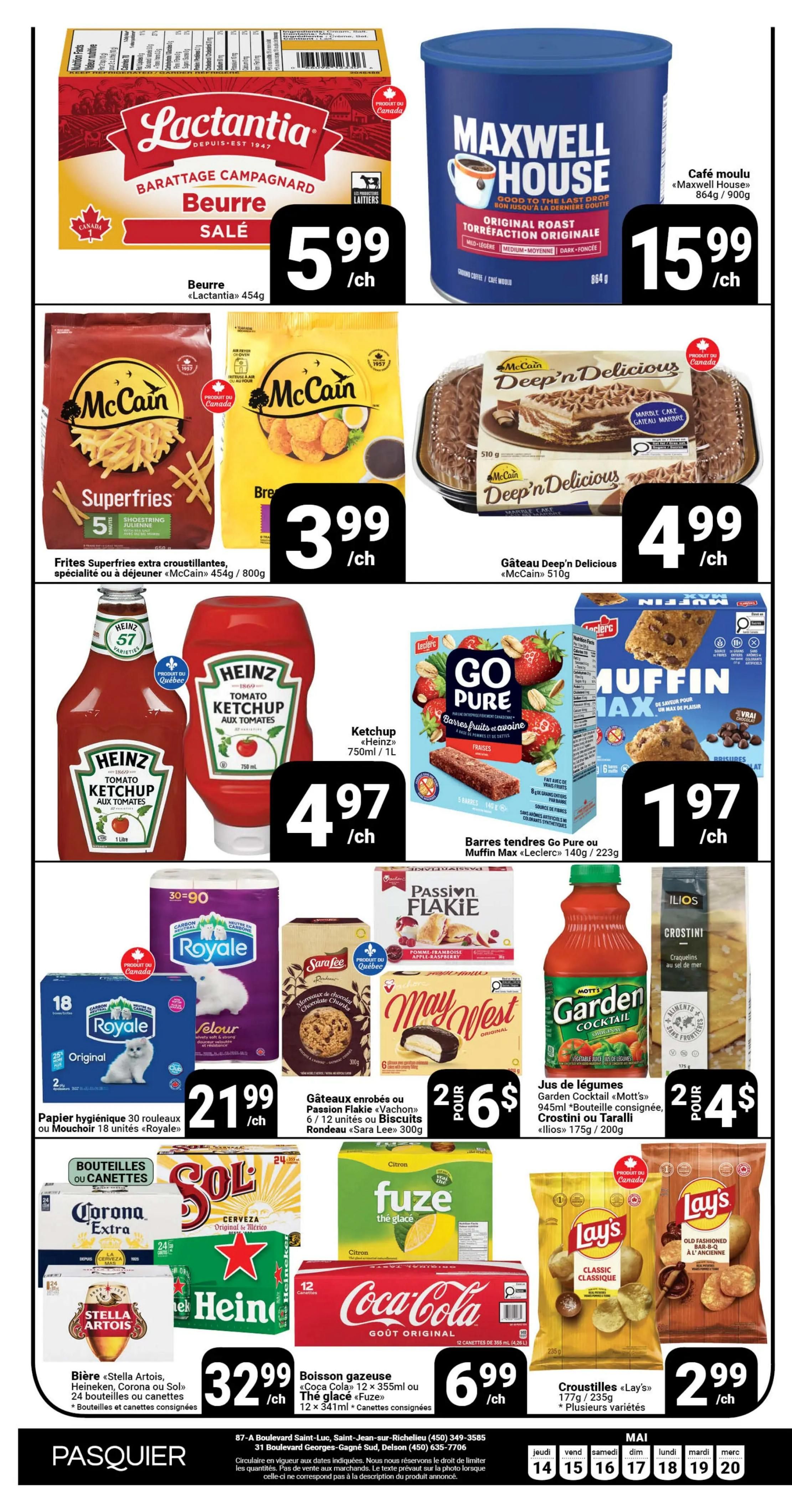 Pasquier weekly flyer specials page 12 features Lactantia salted butter at $5.99/each, Maxwell House original roast coffee at $15.99/each, and McCain Superfries at $3.99/each. Also on sale are McCain Deep'n Delicious cakes for $4.99/each, Heinz Tomato Ketchup for $4.97/each, and Leclerc Go Pure or Muffin Max snack bars for $1.97/each. Other deals include Royale 30-30 toilet paper or 18-unit facial tissue for $21.99/each, Vachon Passion Flakie or Sara Lee biscuits for 2 for $6, and Mott's Garden Cocktail juice for 2 for $4. Beverage deals include Corona Extra, Sol, Heineken, Stella Artois, or other beer 24-bottles or cans for $32.99/each, Coca-Cola or Fuze iced tea 12-can cases for $6.99/each, and Lay's Classic chips for $2.99/each.