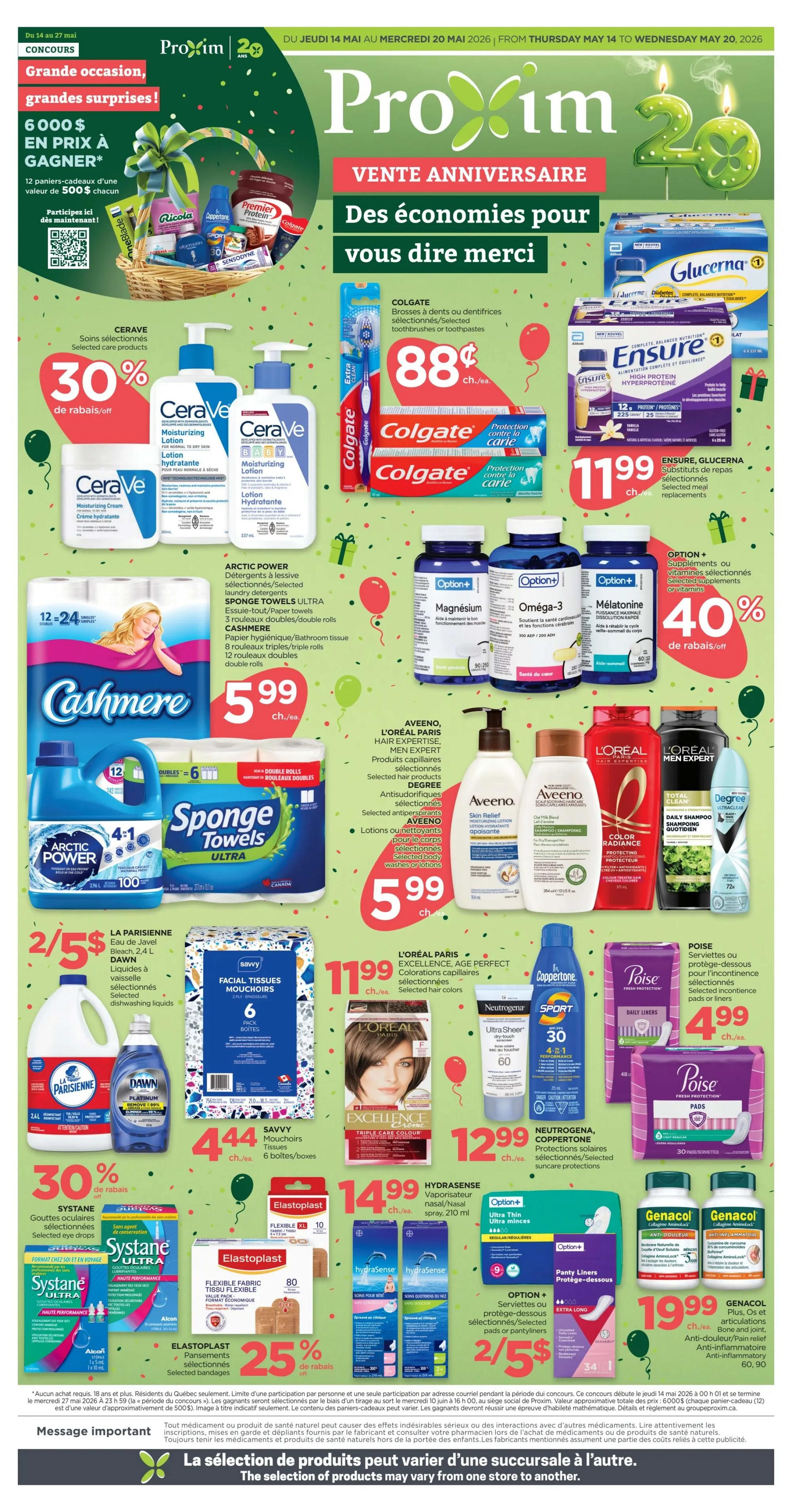 Proxim 20th Anniversary flyer featuring a grand prize draw for $6000 in gift baskets. Deals include CeraVe selected care products at 30% off, Colgate toothbrushes and toothpaste for $0.88 each, and Ensure or Glucerna meal replacements for $11.99. Also featured are Arctic Power laundry detergent, Cashmere bathroom tissue for $5.99, and Sponge Towels Ultra for $5.99. Aveeno and L'Oréal Paris hair care products are $5.99. Hydrasense nasal spray is $14.99. Option+ supplements and vitamins are 40% off. La Parisienne dish soap and Dawn dish liquid are 2 for $5. Savvy facial tissues are $4.44 per box. L'Oréal Paris Excellence hair colour is $12.99. Neutrogena Sport sunscreen is $12.99. Poise incontinence pads are $4.99. Systane eye drops are on sale, and Elastoplast bandages are 25% off. Option+ panty liners are 2 for $5.