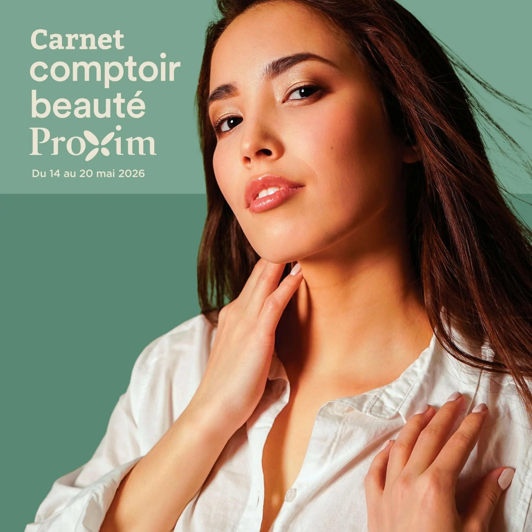Proxim Beauty Counter booklet, valid from May 14 to May 20, 2026. The page features a close-up of a woman's face and upper body, showcasing makeup and skincare. No specific products or prices are listed on this cover page.