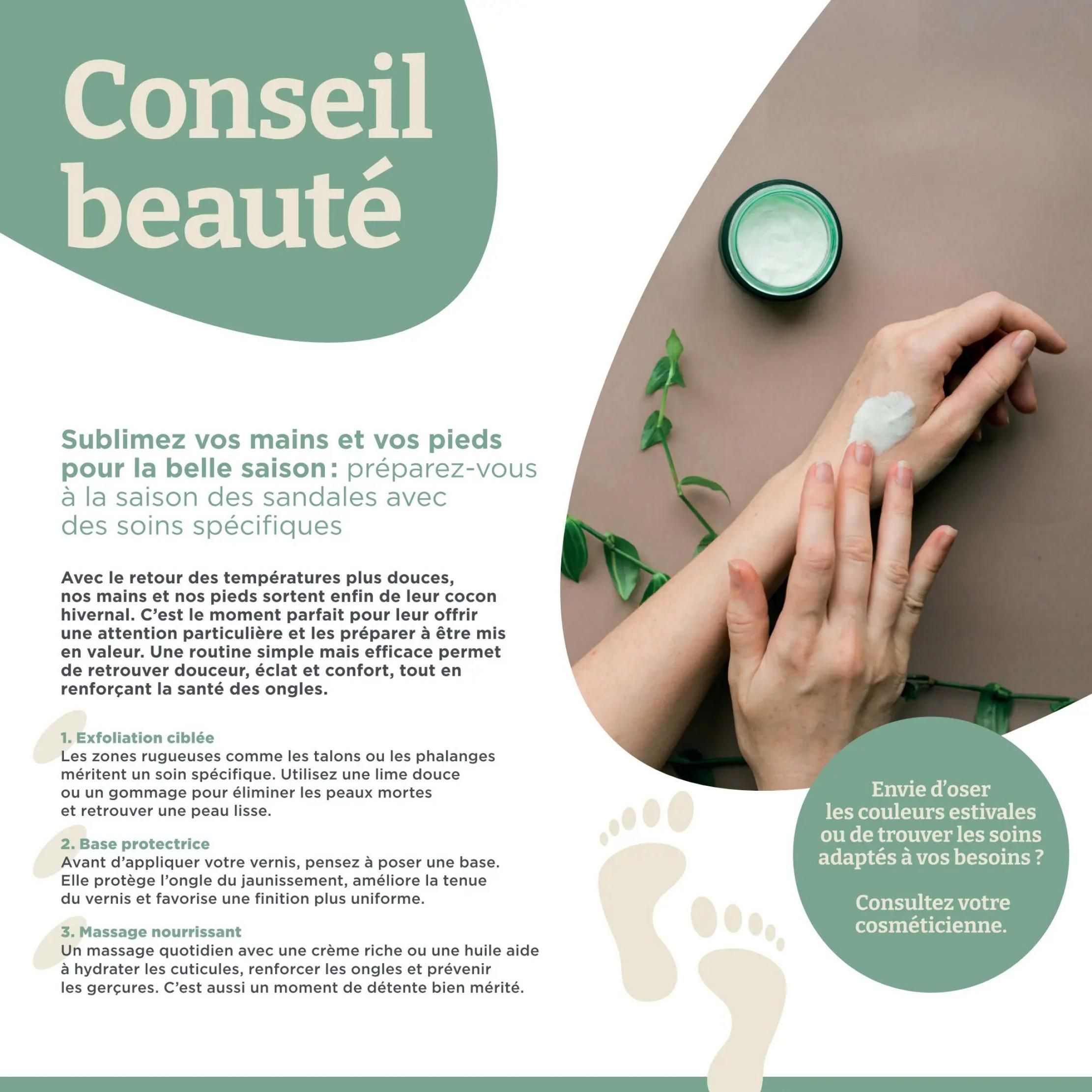 Proxim Weekly Flyer Specials, Page 6. Beauty tips for hands and feet to prepare for the sandal season with specific treatments. Includes advice on targeted exfoliation for rough areas like heels and knuckles, using a gentle file or scrub for smooth skin. Recommends a protective base coat before applying nail polish to prevent yellowing and improve polish adhesion for a uniform finish. Suggests a daily nourishing massage with a rich cream or oil to hydrate cuticles, strengthen nails, and prevent chapped skin, offering a well-deserved moment of relaxation. Also features a call to action: 'Want to dare summer colours or find treatments adapted to your needs? Consult your cosmetic advisor.' The page includes an image of hands applying cream and a graphic of footprints.