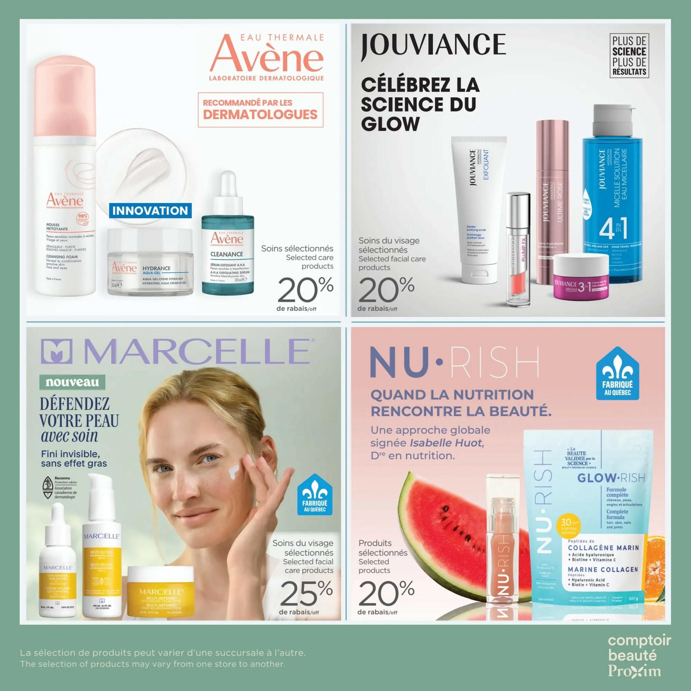 Proxim Weekly Flyer Specials, Page 7. Features Avène selected facial care products with 20% off, including Avène Cleansing Foam, Avène Hydrance Aqua-Gel, and Avène Cleanance A.H.A. Exfoliating Serum. Also showcases Jouviance selected facial care products with 20% off, featuring Jouviance Gentle Purifying Scrub, Jouviance Ultime Rose serum, and Jouviance 4-in-1 Micellar Solution. Marcelle offers selected facial care products with 25% off, including Marcelle Multi-Defense Sun Serum, Lotion, and Aqua-Gel Cream. Nu-Rish presents selected products with 20% off, highlighting Marine Collagen Complete Formula for hair, skin, nails, and joints, with peptides, hyaluronic acid, biotin, and vitamin C. The bottom text states that product selection may vary by store.