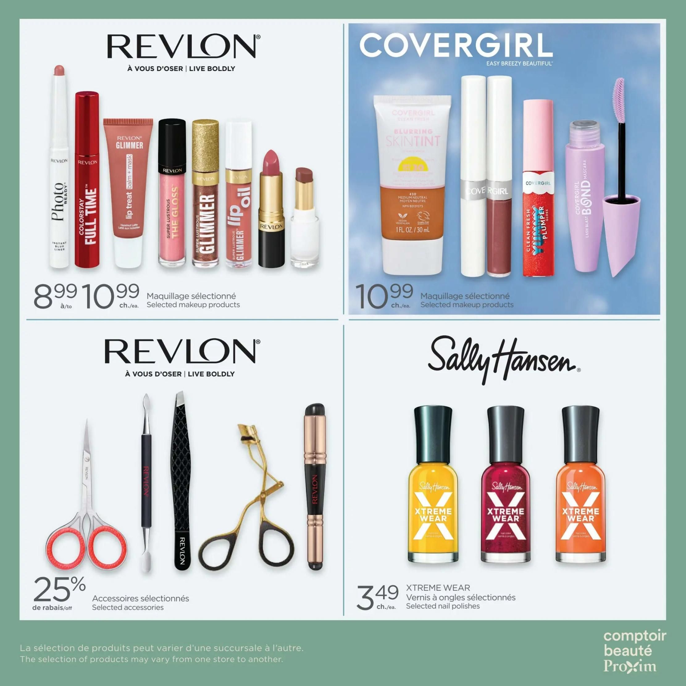 Proxim Weekly Flyer Specials page 9 features Revlon and Covergirl makeup, and Sally Hansen nail polish. Top left: Revlon selected makeup products are $8.99 to $10.99, including Photo Ready Instant Colour Lip Liner, Colorstay Full Time, Lip Treat Balm + Mask, Super Lustrous The Gloss, Super Lustrous Glimmer, and Lip Oil. Top right: Covergirl selected makeup products are $10.99, featuring Blurring Skintint, and Lash Blast Bond Mascara. Bottom left: Revlon selected accessories, such as scissors, tweezers, and an eyelash curler, are 25% off. Bottom right: Sally Hansen Xtreme Wear nail polishes are $3.49 each. The flyer also includes a disclaimer that product selection may vary by store.