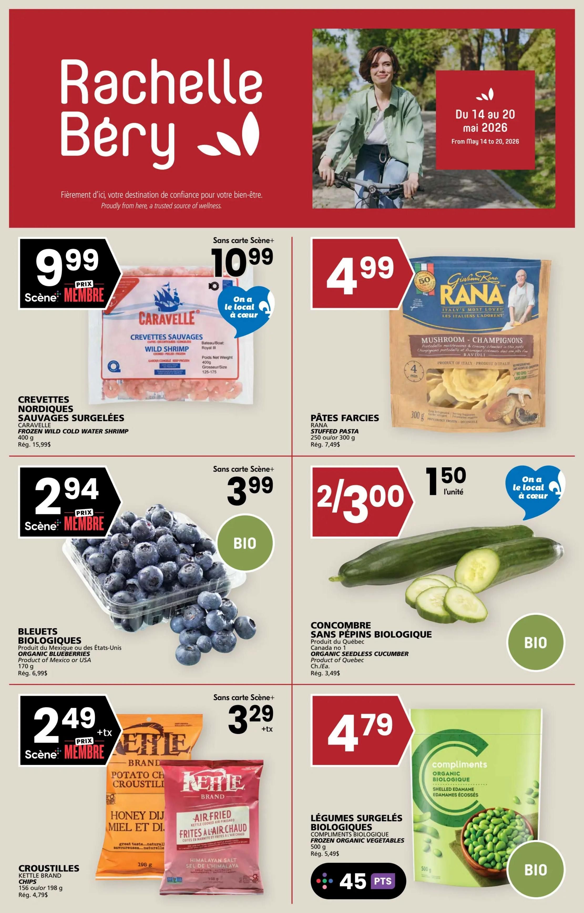 Rachelle Béry weekly flyer specials from May 14 to May 20, 2026. Featured items include Caravelle Frozen Wild Cold Water Shrimp for $9.99 (member price), Rana Stuffed Pasta (Mushroom-Champignons) for $4.99, Organic Blueberries for $2.94 (member price), Organic Seedless Cucumber for $1.50 each, Kettle Brand Chips (Honey Dijon or 198g) for $2.49 (member price), Air Fried French Fries for $3.29, and Compliments Organic Frozen Shelled Edamame for $4.79. Some items are marked as 'On a le local à cœur' (We love local) and 'BIO' (organic).
