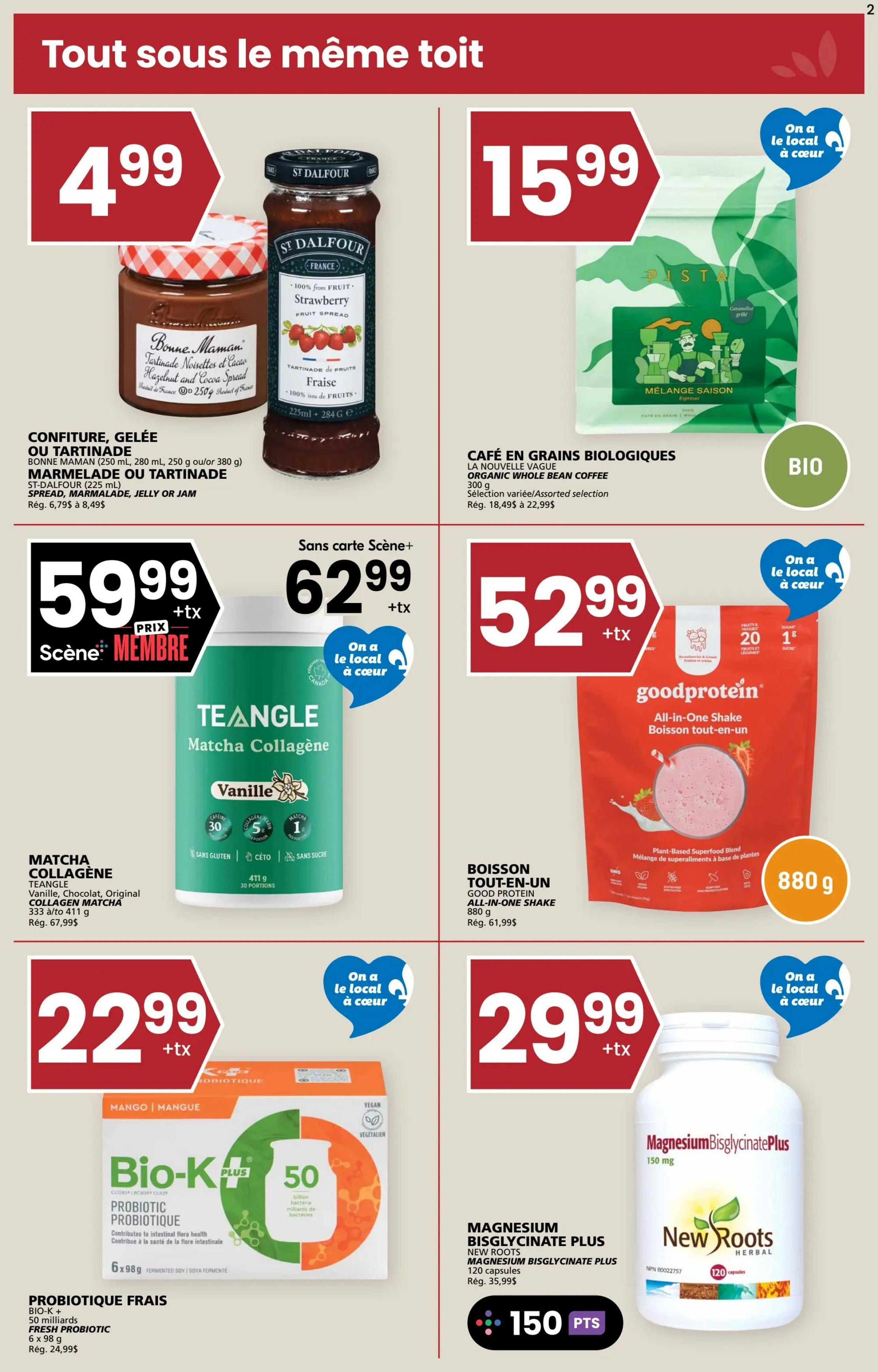 Rachelle Béry weekly flyer specials page 2 features Bonne Maman spread or St-Dalfour jam for $4.99, and La Nouvelle Vague organic whole bean coffee for $15.99. Teangle Collagen Matcha is on sale for $59.99 (Scène member price) or $62.99 plus tax. Good Protein All-In-One Shake is $52.99 plus tax. Bio-K+ Fresh Probiotic is $22.99 plus tax, and New Roots Magnesium Bisglycinate Plus capsules are $29.99 plus tax, with 150 points offer points.