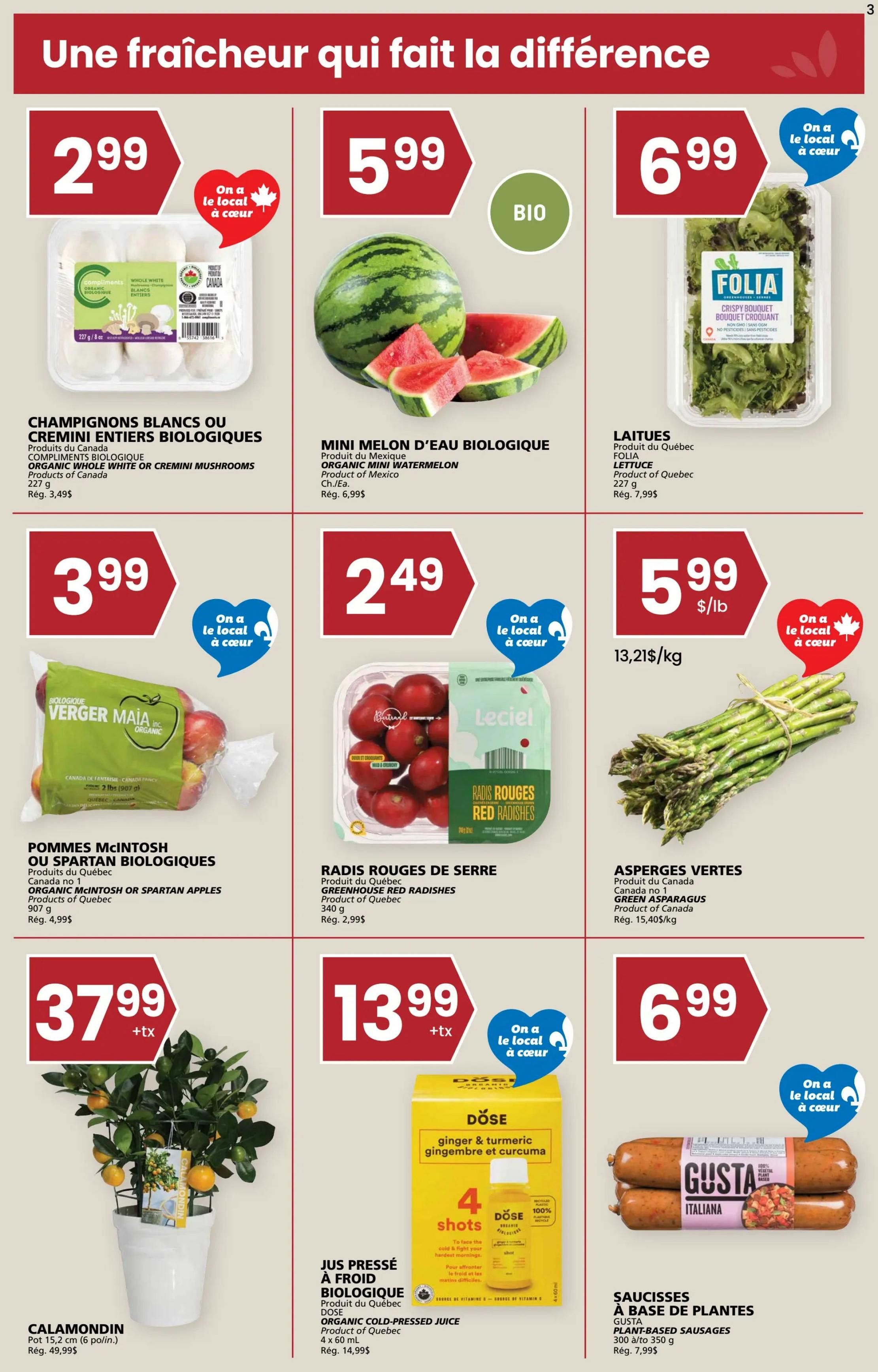 Rachelle Béry weekly flyer specials page 3 features a variety of fresh produce and grocery items. Organic Whole White or Cremini Mushrooms are $2.99 for 227g. Organic Mini Watermelon is $5.99 each. Folia Lettuce is $6.99 for 227g. Organic McIntosh or Spartan Apples are $3.99 for 307g. Greenhouse Red Radishes are $2.49 for 340g. Green Asparagus is $5.99/lb or $13.21/kg. A Calamondin plant is $37.99. DÖSE Organic Cold-Pressed Juice (Ginger & Turmeric) is $13.99 for 4 x 60ml shots. Gusta Plant-Based Sausages (Italiana) are $6.99 for 300g.
