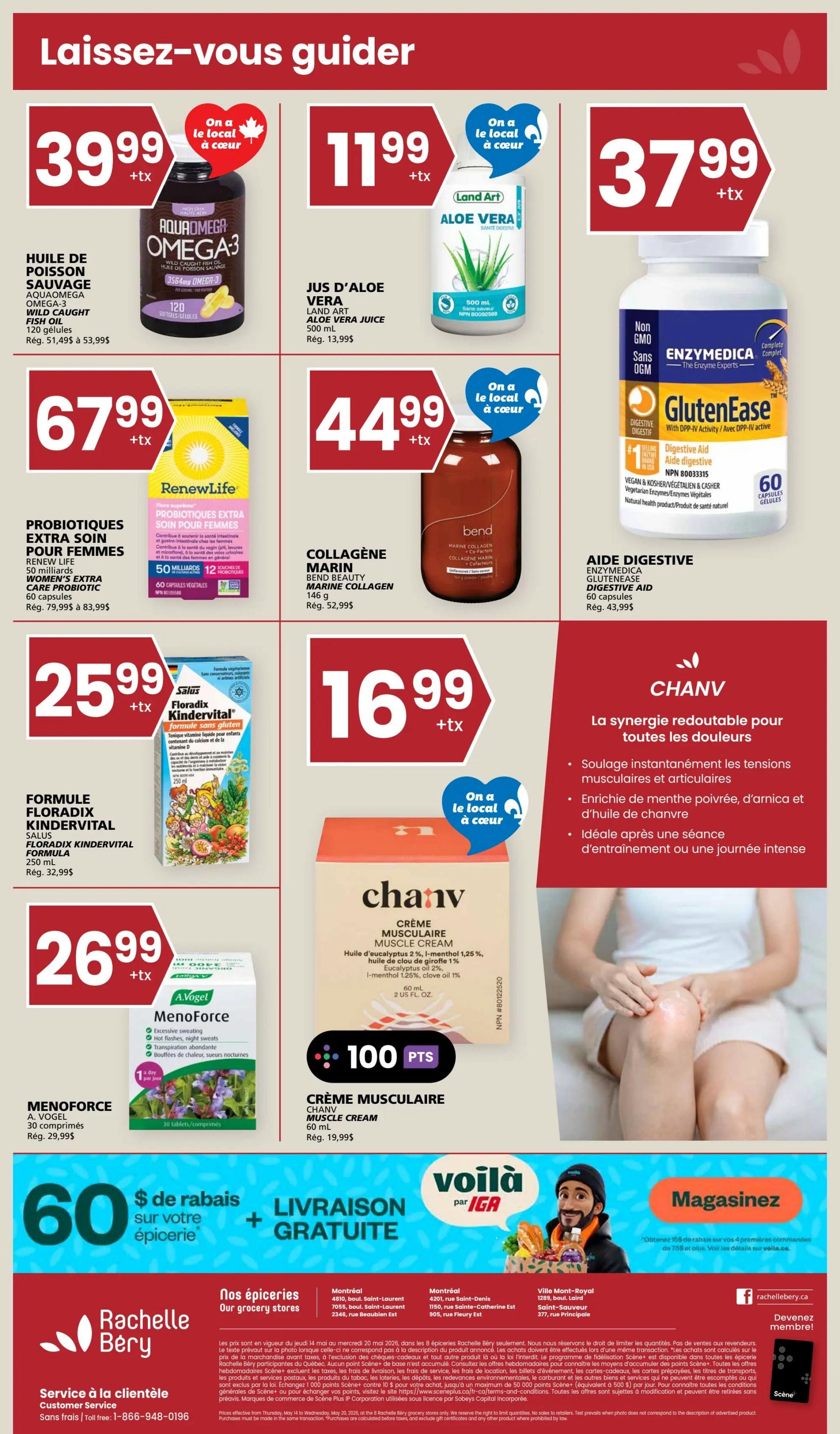 Rachelle Béry weekly flyer specials page 8 features AquaOmega Omega-3 Wild Caught Fish Oil for $39.99, Land Art Aloe Vera Juice for $11.99, Enzymedica GlutenEase Digestive Aid for $37.99, RenewLife Probiotics Extra Care for Women for $67.99, Bend Beauty Marine Collagen for $44.99, Salus Floradix Kindervital Formula for $25.99, A. Vogel Menoforce for $26.99, and Chanv Muscle Cream for $16.99. The page also highlights a $60 discount on groceries with free delivery via voilà by IGA, and 100 Scene+ points with the purchase of Chanv Muscle Cream. Store locations and customer service information are provided at the bottom.