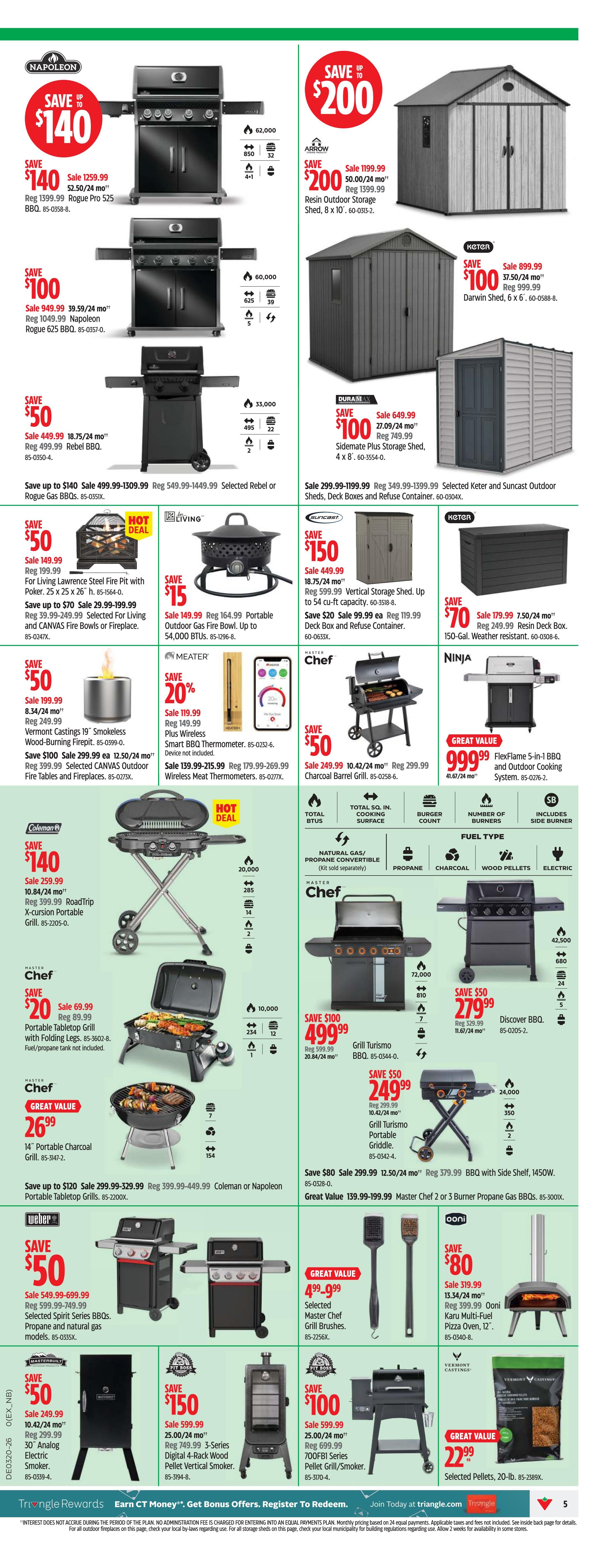 Canadian Tire Ontario Weekly Flyer Specials Page 7. Save up to $140 on Napoleon Rogue Pro 525 BBQ, sale priced at $959.99. Save up to $100 on Napoleon Rogue 625 BBQ, sale priced at $949.99. Save $200 on Arrow Resin Outdoor Storage Shed, 8 x 10 ft, sale priced at $1199.99. Save $100 on Keter Darwin Shed, 6 x 6 ft, sale priced at $899.99. Save $50 on Rebel BBQ, sale priced at $449.99. Save up to $140 on Selected Rogue Gas BBQs, sale priced from $499.99-$1309.99. Save $15 on Living Portable Outdoor Gas Fire Bowl, up to 54,000 BTUs, sale priced at $149.99. Save $50 on Vermont Castings 19' Smokeless Wood-Burning Firepit, sale priced at $199.99. Save $100 on Selected CANVAS Outdoor Fire Tables and Firebowls, sale priced at $299.99. Save 20% on Meater Plus Wireless Smart BBQ Thermometer, sale priced at $119.99. Save $50 on Master Chef Charcoal Barrel Grill, sale priced at $249.99. Save $50 on Weber Spirit Series BBQs, sale priced from $549.99-$699.99. Save $140 on Coleman or Napoleon Portable Tabletop Grills, sale priced at $259.99. Save $20 on Master Chef Portable Tabletop Grill with Folding Legs, sale priced at $69.99. Great Value 14' Portable Charcoal Grill, $26.99. Save $100 on Master Chef Grill Turismo BBQ, sale priced at $499.99. Save $50 on Master Chef Grill Turismo Portable Griddle, sale priced at $249.99. Save $80 on Master Chef 2 or 3 Burner Propane Gas BBQs, sale priced from $299.99-$379.99. Save $50 on Discover BBQ, sale priced at $279.99. Save $100 on Master Chef 700FB Series Pellet Grill/Smoker, sale priced at $599.99. Save $150 on Master Chef 3-Series Digital 4-Rack Wood Pellet Vertical Smoker, sale priced at $749.99. Great Value Master Chef Grill Brushes, $499.99. Save $80 on Koru Multi-Fuel Pizza Oven, sale priced at $319.99. Great Value Selected Pellets, 20-lb, $22.99.