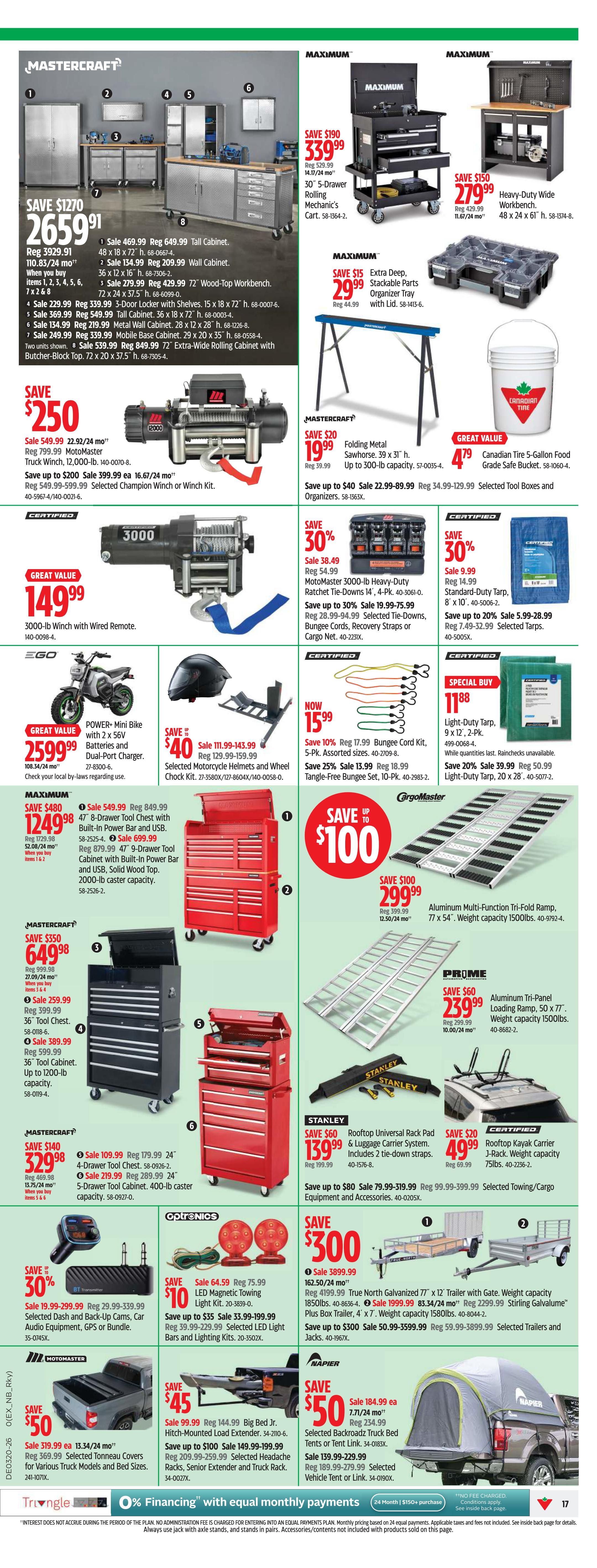 Canadian Tire flyer page 19 featuring a wide selection of automotive and garage equipment. Highlights include Mastercraft 47' 8-Drawer Tool Chest with Built-In Power Bar and USB for $1249.99 (Save $480), Mastercraft 36' Tool Chests starting at $649.98 (Save $350), and Mastercraft 24' 4-Drawer Tool Chest for $329.98 (Save $140). Also featured are Maximum 30' 5-Drawer Rolling Mechanic's Carts for $339.99 (Save $190) and Heavy-Duty Wide Workbench for $279.99 (Save $150). Other deals include a MotoMaster 3000-lb winch with wired remote for $149.99, a Mastercraft Folding Metal Sawhorse for $19.99, and a Canadian Tire 5-Gallon Food Grade Safe Bucket for $4.79. CargoMaster Aluminum Multi-Function Tri-Fold Ramps are on sale for $299.99 (Save $100), and Prime Aluminum Tri-Panel Loading Ramps are $239.99 (Save $60). Stanley offers Rooftop Universal Rack Pads and Luggage Carrier Systems for $139.99 (Save $60) and Rooftop Kayak Carrier J-Racks for $49.99 (Save $20). Additionally, there are deals on selected dash and back-up cams, car audio equipment, GPS, or bundles for $19.99-$39.99 (Save 30%), LED Magnetic Towing Lights for $10 (Save $64.59), selected LED Light Bars and Lighting Kits for $19.99-$35.99 (Save up to 30%), and selected towing/cargo equipment and accessories for $79.99-$319.99 (Save up to $80). Also on sale are True North Galvanized 77' x 12' Trailers for $1850 (Save $4199.99), Stirling Galvalume Plus Box Trailers for $2299.99 (Save $834.34), and selected trailers and jacks for $50.99-$3599.99 (Save up to $300). The page also promotes EGO POWER+ Mini Bikes for $259.99, selected motorcycle helmets and wheel chocks for $111.99-$143.99 (Save $40), and selected tonneau covers for $319.99 (Save $50). Other items include Big Bud Jr. Hitch-Mounted Load Extenders for $99.99 (Save $45), selected headache racks, senior extenders, and truck racks for $149.99-$259.99 (Save up to $100), selected backroadz truck bed tents or tent links for $139.99 (Save $50), and Napier tents for $139.99 (Save $50). The flyer also highlights 0% financing with equal monthly payments on purchases of $150 or more.
