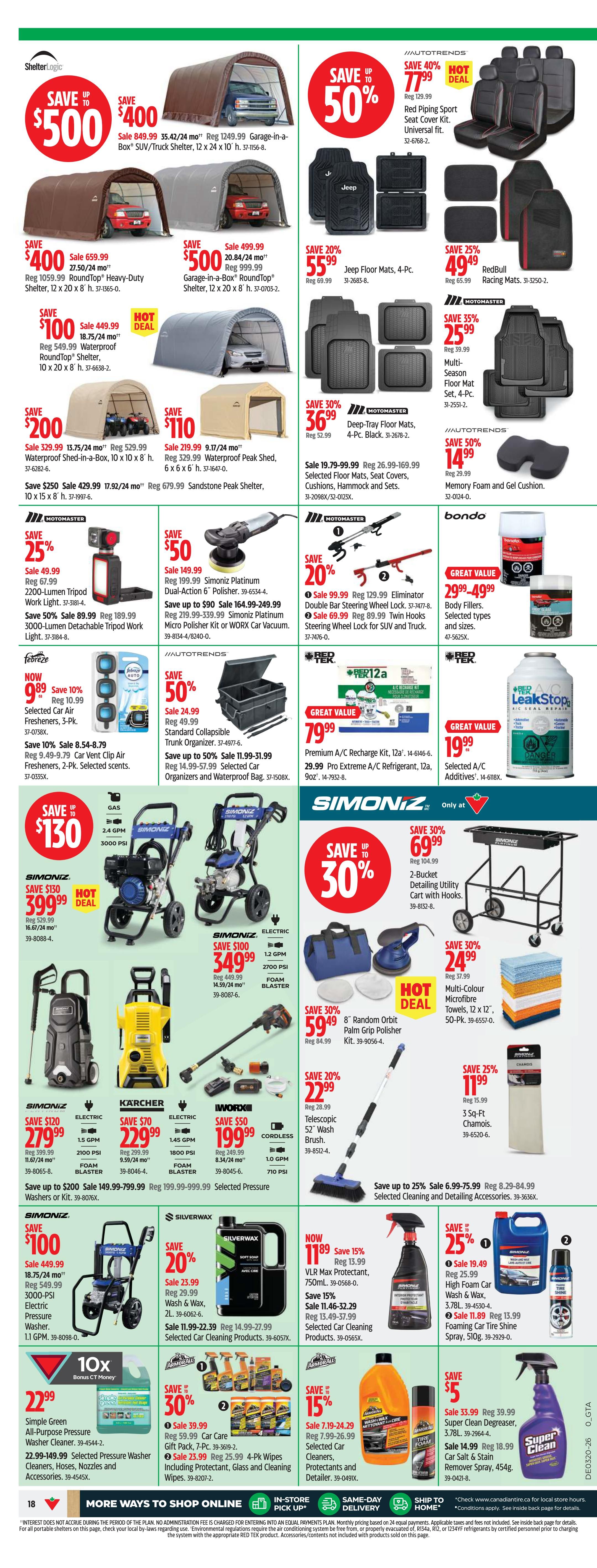 Canadian Tire flyer page 20 features a wide selection of automotive and cleaning products. Save up to $500 on various ShelterLogic storage shelters, including the 35.24/24 ft. Garage-in-a-Box SUV/Truck Shelter for $849.99 and the 27.50/24 ft. RoundTop Heavy-Duty Shelter for $499.99. Also available are Jeep and RedBull floor mats, with Jeep floor mats 4-Pc. on sale for $55.99 and RedBull Racing Mats for $49.49. Motomaster offers a 2200-lumen Tripod Work Light for $49.99 and a 3000-lumen Detachable Tripod Work Light for $89.99. Save up to $50 on Simoniz Platinum Dual-Action 6' Polisher for $149.99 and a Micro Polisher Kit or WORX Car Vacuum for $164.99-$249.99. Autotrends has a Red Piping Sport Seat Cover Kit for $77.99 and a Memory Foam and Gel Cushion for $14.99. For cleaning, save up to $130 on Simoniz pressure washers, including the 3000 PSI model for $399.99 and the 2700 PSI model for $349.99. Karcher offers a 1800 PSI pressure washer for $229.99. Worx has a cordless 52' Telescopic Wash Brush for $199.99. Simoniz also offers a 2-Bucket Detailing Utility Cart with Hooks for $69.99 and Multi-Colour Microfibre Towels, 12 x 12', 50-Pk. for $24.99. Silverwax Wash & Wax is on sale for $23.99, and selected car cleaning products are $11.99-$22.99. Red Tek offers a VLR Max Protectant for $750mL for $78.99, and selected car cleaning products are $11.46-$32.29. Save 25% on High Foam Car Wash & Wax for $19.49 and Foaming Car Tire Shine Spray for $11.89. Save $5 on Super Clean Degreaser and Car Salt & Stain Remover Spray for $14.99. Also featured is a 10x Bonus CT Money offer on Simple Green All-Purpose Power Washer Cleaner for $22.99, and selected pressure washer accessories for $22.99-$149.99. Armourall offers a Car Care Gift Pack for $39.99 and 4-Pk. Wipes for $23.99.