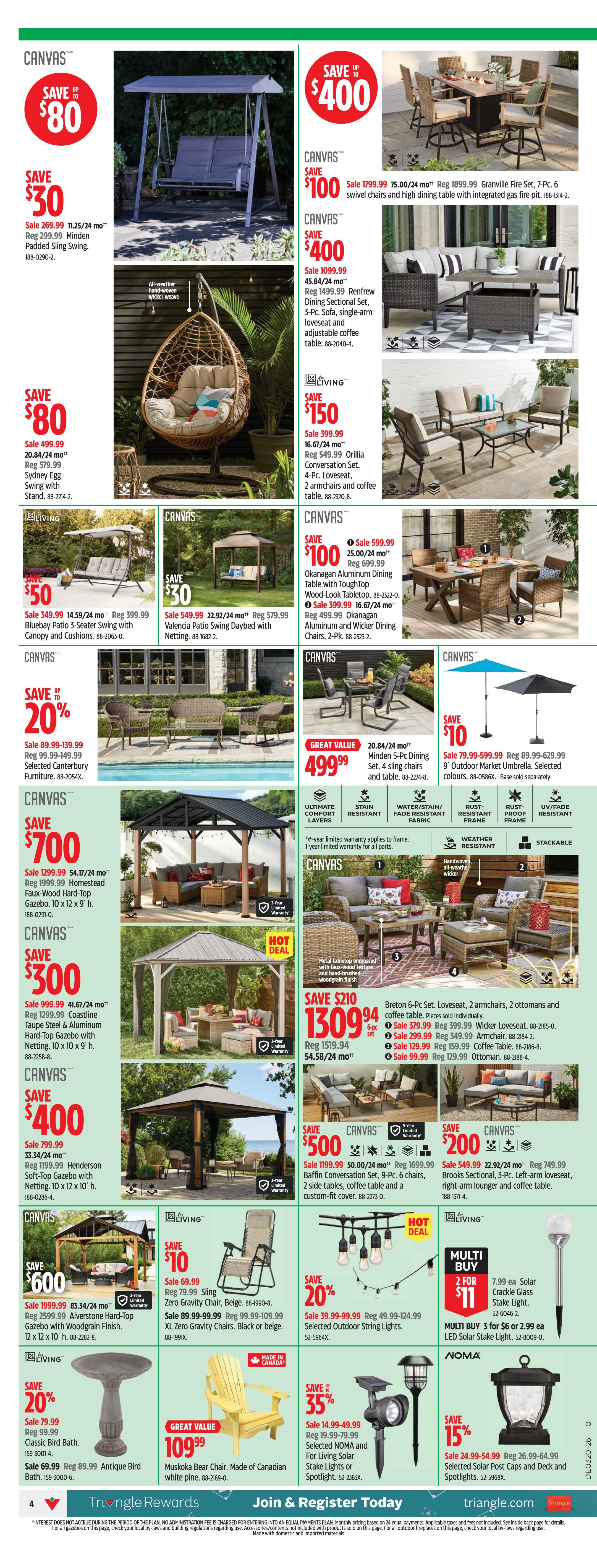 Canadian Tire Western Canada flyer page 6 features a wide selection of outdoor furniture and decor. Save up to $700 on the Homestead Faux-Wood Hard-Top Gazebo, now $1299.99. Also featured is the Coastline Aluminum Hard-Top Gazebo with Netting for $999.99, and the Henderson Soft-Top Gazebo for $799.99. Enjoy savings on various seating options, including the Sydney Egg Swing for $499.99, the Bluebay Patio 3-Seater Swing for $349.99, and the Valencia Patio Swing Daybed for $549.99. The page highlights the Granville Fire Pit 7-Pc. Set for $1799.99 and the Renfrew Dining Sectional Set for $1099.99. Other furniture includes the Orillia Conversation Set for $399.99, the Breton 6-Pc. Set for $1309.94, the Baffin Conversation Set for $1199.99, and the Brooks Sectional for $549.99. Outdoor lighting and accessories are also on sale, with savings on Okanagan Aluminum Dining Tables and Wicker Dining Chairs, Selected Outdoor String Lights for $39.99, and NOMA Solar Stake Lights starting at $14.99. A Classic Bird Bath is available for $79.99, and a Made in Canada Muskoka Bear Chair is $109.99. Multi-buy deals include 2 for $11 on Crackle Glass Solar Stake Lights.