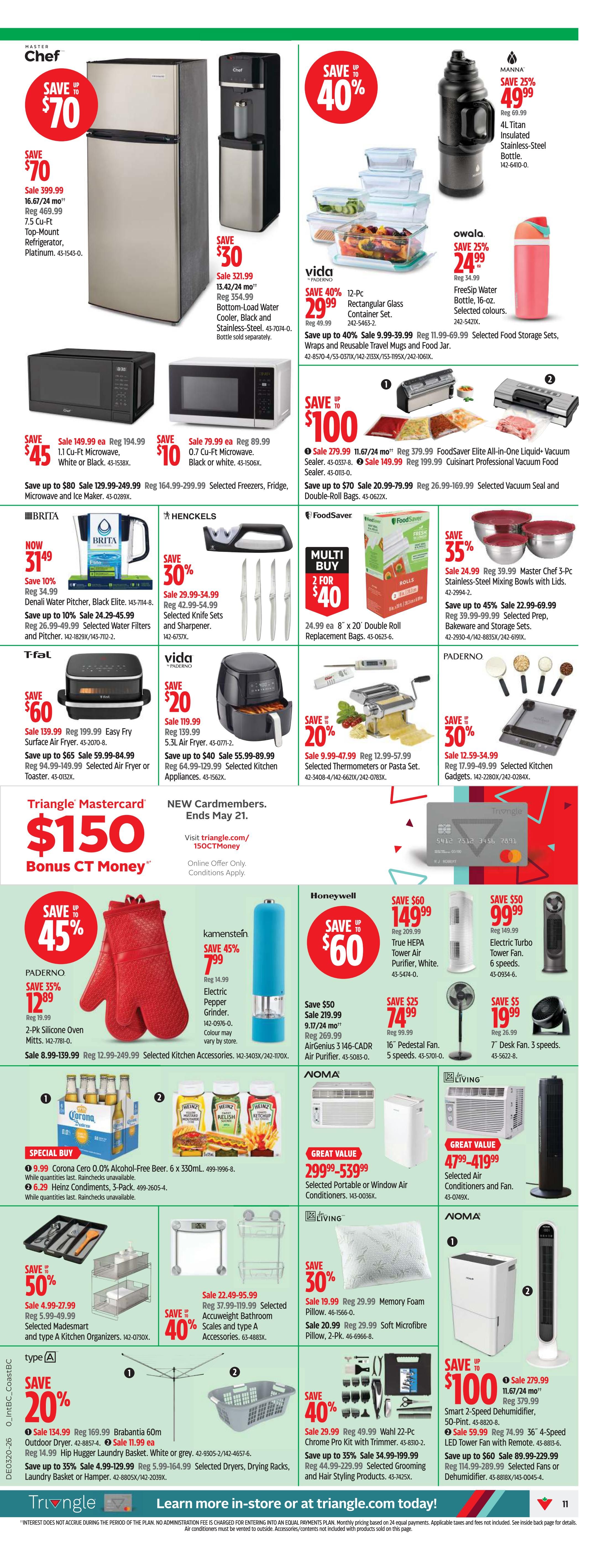 Canadian Tire Western Canada flyer, page 13. Featured items include a Master Chef 15.4 cu-ft Top-Mount Refrigerator for $399.99, save $70. A Master Chef Bottom-Load Water Cooler is on sale for $321.99, save $30. Vida 12-Pc Rectangular Glass Container Set is $29.99, save 40%. Owala FreeSip Water Bottle, 16-oz, is $24.99, save 25%. Manna 4L Titan Insulated Stainless-Steel Bottle is $49.99, save 25%. Save up to $80 on selected Freezers, Fridges, Microwaves, and Ice Makers. Brita Denali Water Pitcher is $31.49, save 10%. Selected Brita Water Filters and Pitcher are on sale. Henckels Selected Knife Sets and Sharpener are 30% off. T-Fal Easy Fry Surface Air Fryer is $139.99, save $60. Paderno 2-Pk Silicone Oven Mitts are $12.89, save 35%. Kamenstein Electric Pepper Grinder is $7.99, save 45%. Honeywell True HEPA Tower Air Purifier is $149.99, save $60. Honeywell Electric Turbo Tower Fan is $99.99, save $50. Save up to $100 on FoodSaver Elite All-in-One Vacuum Sealer and Cuisinart Professional Vacuum Food Sealer. Master Chef 3-Pc Stainless-Steel Mixing Bowls with Lids are on sale, save 35%. Selected Prep, Bakeware and Storage Sets are up to 45% off. Vida 5.5L Air Fryer is $119.99, save $20. Paderno Selected Thermometers or Pasta Set are 20% off. Paderno Selected Kitchen Gadgets are 30% off. Save up to $50 on selected Portable or Window Air Conditioners. Noma Selected Air Conditioners and Fans are on sale. Living Memory Foam Pillow is $19.99, save 30%. Living Soft Microfibre Pillow is $20.99. Save up to 40% on Wahl 22-Pc Chrome Pro Kit with Trimmer. Save up to 35% on Selected Dryers, Drying Racks, Laundry Basket or Hamper. Corona Cero 0.0% Alcohol-Free Beer, 6 x 330mL, is a special buy. Heinz Condiments, 3-Pack, are on sale. Save up to $100 on Smart 2-Speed Dehumidifier and 4-Speed LED Tower Fan with Remote. Save up to $60 on Selected Fans or Dehumidifiers.
