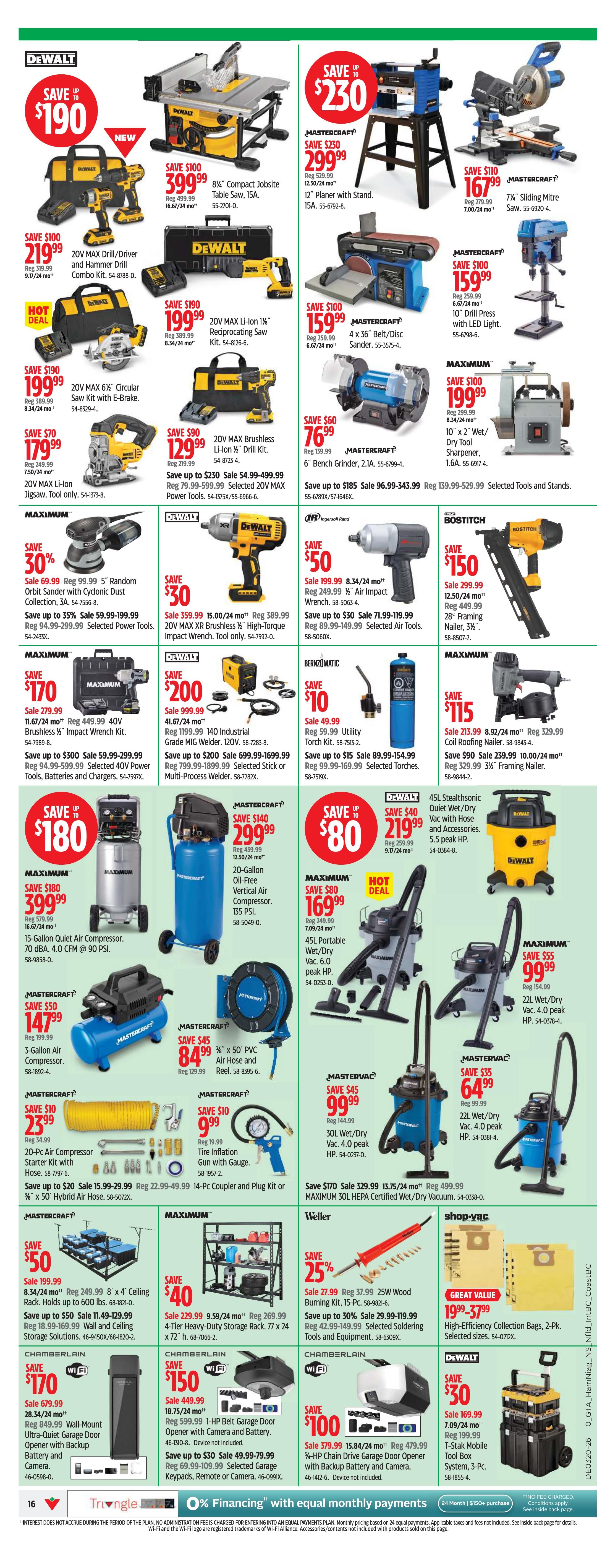 Canadian Tire weekly flyer specials page 18 features a wide selection of power tools and equipment. Highlights include the DEWALT 20V MAX Drill/Driver and Hammer Drill Combo Kit for $399.99, saving $100. The DEWALT 20V MAX Li-Ion 1% Reciprocating Saw Kit is on sale for $199.99, a $100 saving. Also featured is the DEWALT 20V MAX 6% Circular Saw Kit with E-Brake for $199.99. Mastercraft offers a 12' Planer with Stand for $299.99, saving $230, and a 7% Sliding Mitre Saw for $167.99, saving $110. Other deals include the Mastercraft 4 x 36' Belt/Disc Sander for $159.99, a 10' Drill Press with LED Light for $159.99, and the Mastercraft 6' Bench Grinder for $76.99. For larger equipment, the Maximum 15-Gallon Quiet Air Compressor is $399.99 (save $180), and the 20-Gallon Oil-Free Vertical Air Compressor is $299.99 (save $140). There are also deals on the Mastercraft 3-Gallon Air Compressor for $147.99, and a 20-Pc Air Compressor Starter Kit with Hose for $23.99. Other items include the Maximum 45L Portable Wet/Dry Vac for $169.99, the Mastervac 30L Wet/Dry Vac for $99.99, and the Mastervac 22L Wet/Dry Vac for $64.99. Chamberlain Wi-Fi enabled garage door openers are on sale, including the Wall-Mount Ultra-Quiet Door Opener with Backup Battery and Camera for $170, and the 1-HP Belt Garage Door Opener with Camera and Battery for $150. The page also advertises a 24-Month, $150+ purchase financing offer with equal monthly payments.