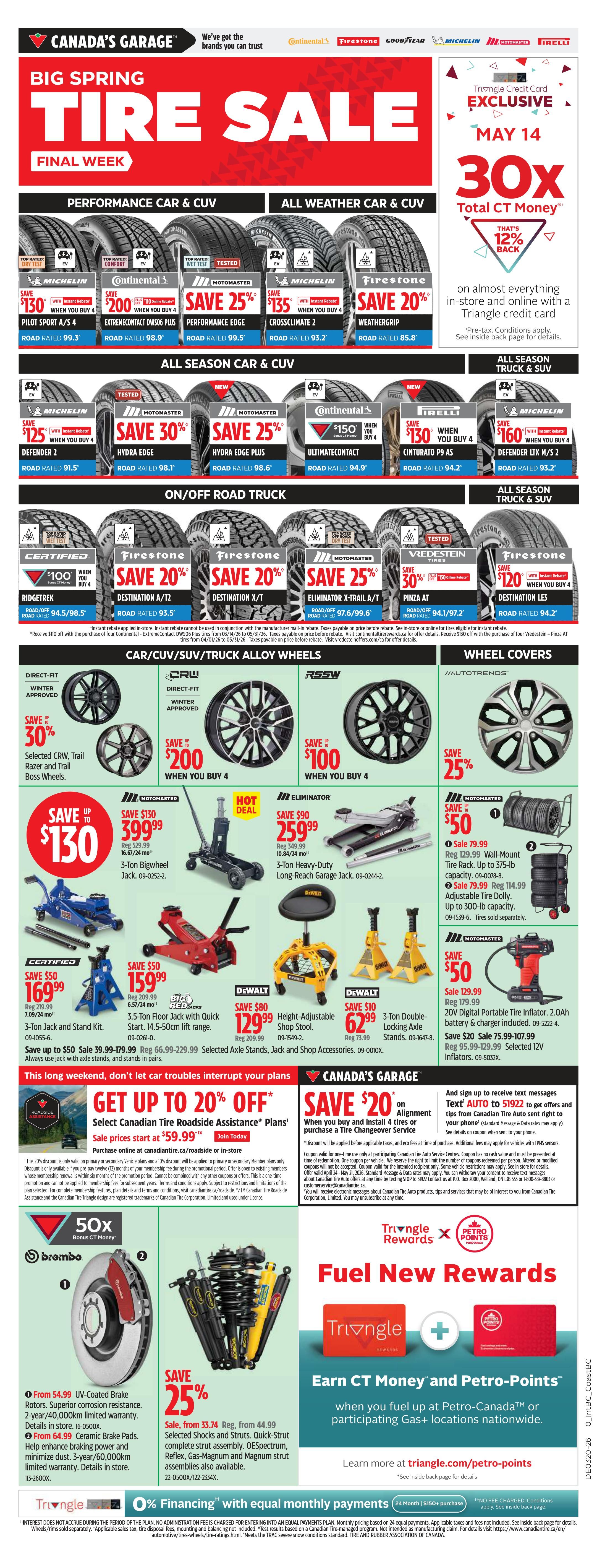 Canadian Tire Big Spring Tire Sale, Final Week. Featuring Performance Car & CUV tires like Michelin Pilot Sport A/S 4 for $130 when you buy 4, Continental ExtremeContact DW506 Plus for $200 when you buy 4, and Motomaster Performance Edge for 25% off. All Weather Car & CUV tires include Michelin CrossClimate 2 for $135 when you buy 4 and Firestone Weathergrip for 20% off. All Season Car & CUV tires include Motomaster Hydra Edge for 30% off, Motomaster Hydra Edge Plus for 25% off, and Continental Ultimatecontact for $150 when you buy 4. On/Off Road Truck tires include Firestone Destination A/T2 for 20% off, Firestone Destination X/T for 20% off, and Motomaster Eliminator X-Trail A/T for 25% off. Also featuring CRW, RSSW, and Autotrends alloy wheels with savings up to $100 and $200 when you buy 4. Hot deals on automotive equipment include a 3-Ton Bigwheel Jack for $399.99, a 3-Ton Heavy-Duty Long-Reach Garage Jack for $259.99, a 3-Ton Jack and Stand Kit for $169.99, a 3.5-Ton Floor Jack with Quick Start for $159.99, a Height-Adjustable Shop Stool for $129.99, and a 3-Ton Double-Locking Axle Stand for $62.99. Also available are 20V Digital Portable Tire Inflator for $129.99 and selected 12V inflators. Brembo UV-Coated Brake Rotors start from $54.99 and Ceramic Brake Pads start from $64.99. Save 25% on selected Shocks and Struts, Quick-Strut complete strut assembly, OESpectrum, Reflex, Gas-Magnum and Magnum strut assemblies. Get up to 20% off Canadian Tire Roadside Assistance Plans. Save $20 when you buy and install 4 tires or purchase a Tire Changeover Service. Exclusive May 14 offer: 30X Total CT Money back (12% back) on almost everything in-store and online with a Triangle credit card. Fuel New Rewards: Earn CT Money and Petro-Points when you fuel up at Petro-Canada or participating Gas+ locations. Offers valid from May 14 to May 21, 2026.