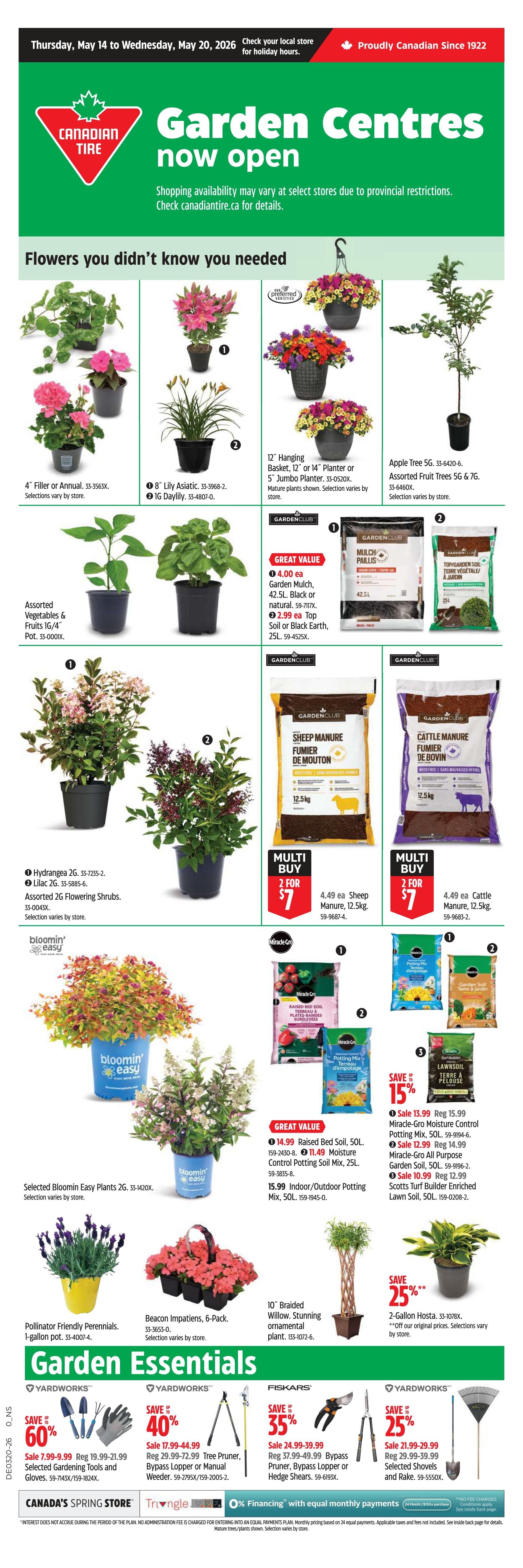 Canadian Tire weekly flyer specials for Atlantic Canada, page 4. Features 'Garden Centres now open' with shopping availability details. Offers include 4' Filler or Annual plants for select prices, 8' Lily Asiatic and 1G Daylily for select prices, 12' Hanging Basket or 5' Jumbo Planter for select prices, and Apple Tree 5G with Assorted Fruit Trees 5G & 7G. Also available are Assorted Vegetables & Fruits 1G/4' Pot. Featured plants include Hydrangea 2G, Lilac 2G, and Assorted 2G Flowering Shrubs. Garden Essentials section includes Yardworks Gardening Tools and Gloves on sale for 60% off, priced at 7.99-9.99. Fiskars Tree Pruner, Bypass Lopper or Manual Weeder on sale for 35% off, priced at 24.99-39.99. Yardworks Bypass Pruner, Bypass Lopper or Hedge Shears on sale for 35% off, priced at 37.99-49.99. Also on sale are 2-Gallon Hosta for 25% off. Other garden essentials include Garden Mulch 42.5L for 4.00 ea, Top Soil or Black Earth 25L for 2.99 ea, Raised Bed Soil 50L for 14.99, Moisture Control Potting Soil Mix 25L for 11.49, and Indoor/Outdoor Potting Mix 50L for 15.99. Miracle-Gro Potting Mix, Garden Soil, and Scotts Turf Builder Enriched Lawn Soil are also featured with savings. Offers valid May 14 to May 20, 2026.