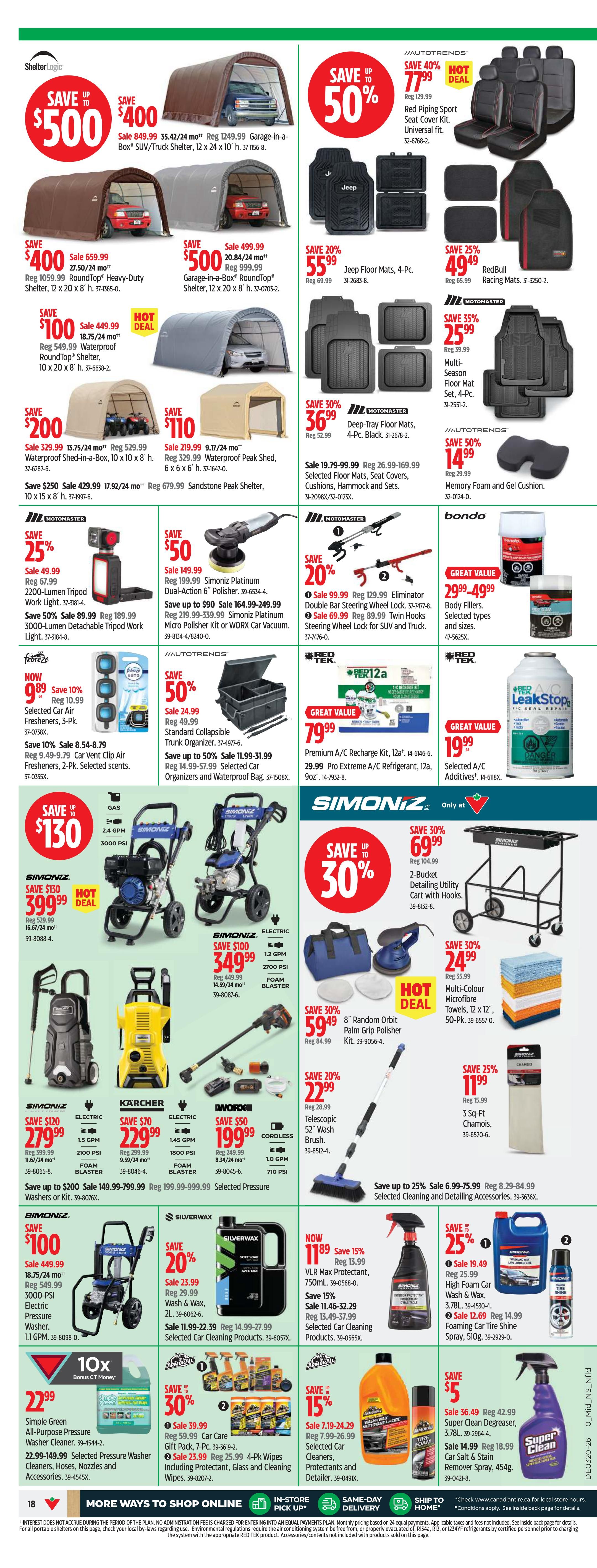 Canadian Tire weekly flyer specials for Atlantic Canada, page 20 of 22. Featured items include large storage shelters with savings up to $500 on Roundtop Heavy-Duty SUV/Truck Shelters and Roundtop Shelters. Also available are Jeep and RedBull floor mats, with savings up to 55% and 25% respectively. Motomaster offers a 2200-lumen tripod work light for $49.99 and a 3000-lumen detachable tripod work light for $89.99. Simoniz products include a Platinum Dual-Action Polisher for $19.99, a Platinum Micro Polisher Kit for $219.99, and a WORX Car Vacuum for $90. Autotrends offers a memory foam and gel cushion for $14.99. On the right side, save up to 50% on Red Piping Sport Seat Cover Kits. Save 30% on Deep-Tray Floor Mats and save 35% on Multi-Season Floor Mats. Save 20% on Eliminator Double Bar Steering Wheel Locks and Twin Hooks Steering Wheel Locks. Save 50% on a Collapsible Trunk Organizer. Save 30% on a 2-Bucket Detailing Utility Cart with Hooks. Save 30% on Multi-Colour Microfibre Towels, 50-Pk. Save 25% on 3 Sq-Ft Chamois. Featured cleaning and detailing products include a Premium A/C Recharge Kit for $79.99 and selected A/C Additives for $19.99. Simoniz pressure washers are on sale, including a 3000 PSI model for $399.99 and a 2700 PSI electric model for $349.99. Karcher offers a 1800 PSI pressure washer for $229.99. Worx has a cordless telescopic 52' wash brush for $22.99. Silverwax offers 2L Wash & Wax for $23.99 and selected car cleaning products. Now save 15% on VLR Max Protectant, 750mL for $11.89 and selected car cleaning products for $11.46-$32.29. Save 15% on Car Care Gift Packs and 4-Pk Wipes. Save 5% on Super Clean Degreaser and Car Salt & Stain Remover Spray.