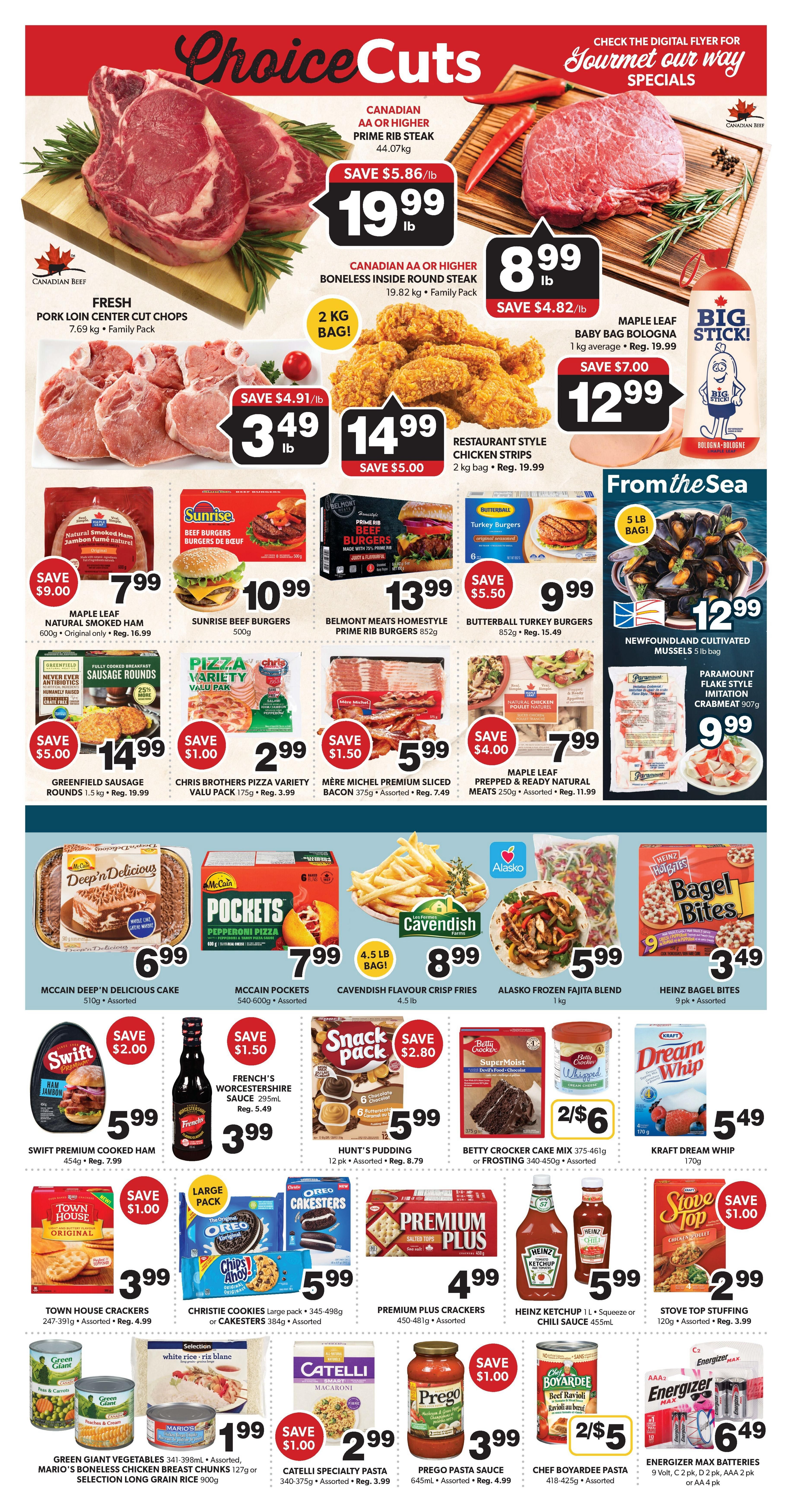 Colemans weekly flyer specials page 4 features a variety of food items. Top deals include Canadian AA or Higher Prime Rib Steak for $19.99/lb, saving $5.86/lb, and Canadian AA or Higher Boneless Rib Steak for $8.99/lb, saving $4.82/lb. Fresh Pork Loin Center Cut Chops are $3.49/lb, saving $4.91/lb. Restaurant Style Chicken Strips are $14.99 for a 2 kg bag, saving $5.00. Maple Leaf Big Stick Baby Bag Bologna is $12.99, saving $7.00. Featured 'From the Sea' are Newfoundland Cultivated Mussels for $12.99 for a 5 lb bag. Other deals include Maple Leaf Natural Smoked Ham for $7.99, Sunrise Beef Burgers for $10.99, Belmont Meats Homestyle Prime Rib Burgers for $13.99, and Butterball Turkey Burgers for $9.99, saving $5.50. Greenfield Sausage Rounds are $14.99, saving $5.00. Chris Brothers Pizza Variety Value Pak is $2.99, saving $1.00. Mère Michel Premium Sliced Bacon is $5.99, saving $1.50. Maple Leaf Prepped & Ready Natural Meats are $7.99, saving $4.00. McCain Deep'n Delicious Cake is $6.99. McCain Pockets are $7.99. Cavendish Flavour Crisp Fries are $8.99 for a 4.5 lb bag. Alasko Frozen Fajita Blend is $5.99. Heinz Bagel Bites are $3.49. Swift Premium Cooked Ham is $5.99, saving $2.00. French's Worcestershire Sauce is $3.99, saving $1.50. Hunt's Pudding is $5.99, saving $2.80. Betty Crocker Cake Mix or Frosting is 2 for $6. Kraft Dream Whip is $5.49. Town House Crackers are $3.99, saving $1.00. Christie Cookies or Cakersters are $5.99. Premium Plus Crackers are $4.99. Heinz Ketchup or Chili Sauce is $5.99. Stove Top Stuffing is $2.99, saving $1.00. Green Giant Vegetables, Mario's Boneless Chicken Breast Chunks, or Selection Long Grain Rice are $1.99. Catelli Specialty Pasta is $2.99, saving $1.00. Prego Pasta Sauce is $3.99, saving $1.00. Chef Boyardee Pasta is 2 for $5. Energizer Max Batteries are $6.49.