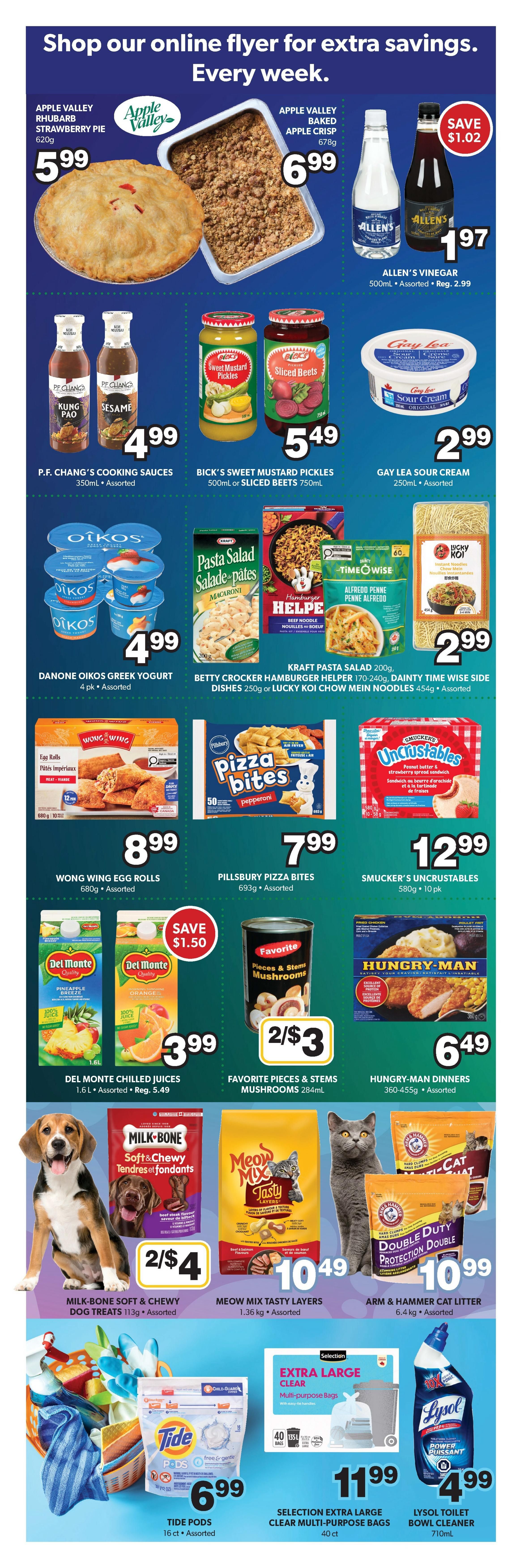 Colemans Weekly Flyer Specials page 6. Featured items include Apple Valley Rhubarb Strawberry Pie for $5.99 and Apple Valley Baked Apple Crisp for $6.99. Allen's Vinegar is on sale for $1.97, a saving of $1.02. P.F. Chang's Cooking Sauces (Kung Pao or Sesame) are $4.99. Bick's Sweet Mustard Pickles (500mL) or Sliced Beets (750mL) are $5.49. Gay Lea Sour Cream (250mL) is $2.99. Danone Oikos Greek Yogurt (4 pk) is $4.99. Kraft Pasta Salad (200g), Betty Crocker Hamburger Helper (170-240g), Dainty Time Wise Side Dishes (250g), or Lucky Koi Chow Mein Noodles (454g) are $2.99. Wong Wing Egg Rolls (680g) are $8.99. Pillsbury Pizza Bites (693g) are $7.99. Smucker's Uncrustables (580g, 10 pk) are $12.99. Del Monte Chilled Juices (1.6L) are $3.99, regularly $5.49. Favorite Pieces & Stems Mushrooms (284mL) are 2 for $3. Hungry-Man Dinners (360-455g) are $6.49. Milk-Bone Soft & Chewy Dog Treats (113g) are 2 for $4. Meow Mix Tasty Layers (1.36kg) are $10.49. Arm & Hammer Cat Litter (6.4kg) is $10.99. Tide Pods (16 ct) are $6.99. Selection Extra Large Clear Multi-Purpose Bags (40 ct) are $11.99. Lysol Toilet Bowl Cleaner (710mL) is $4.99.