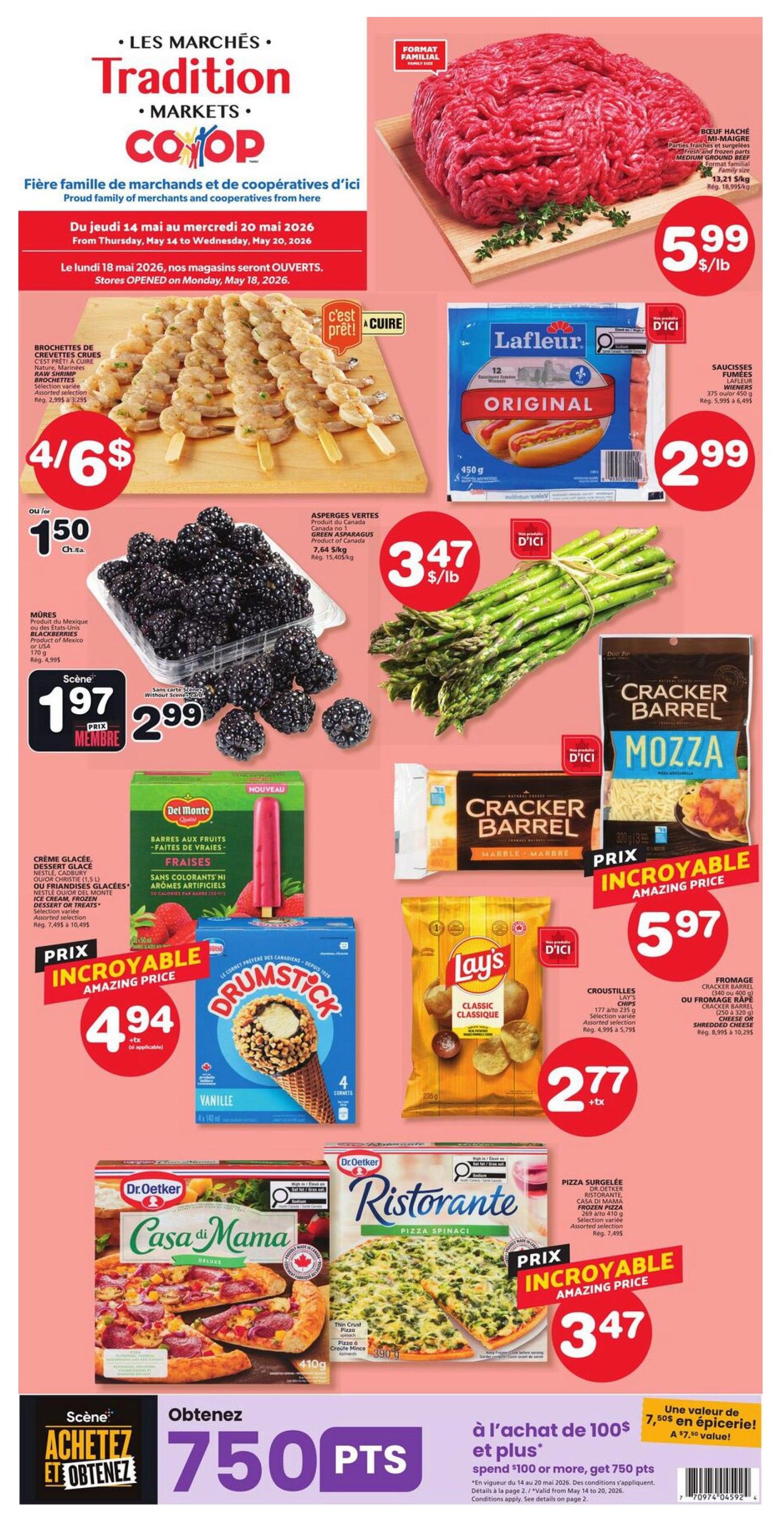 Marchés Tradition flyer specials from May 14 to May 20, 2026. Featured items include family-size ground beef for $5.99/lb, raw shrimp skewers for 4 for $6, Lafleur Original Wieners for $2.99, blackberries for $1.50 each or $1.97 for members, green asparagus for $3.47/lb, Del Monte strawberry fruit bars for $2.99, Cracker Barrel Mozzarella cheese for $5.97, Drumstick vanilla cones for $4.94, Lay's Classic chips for $2.77, Dr. Oetker Casa di Mama pizza for $3.47, and Dr. Oetker Ristorante frozen pizza for $3.47. Get 750 bonus points when you spend $100 or more.