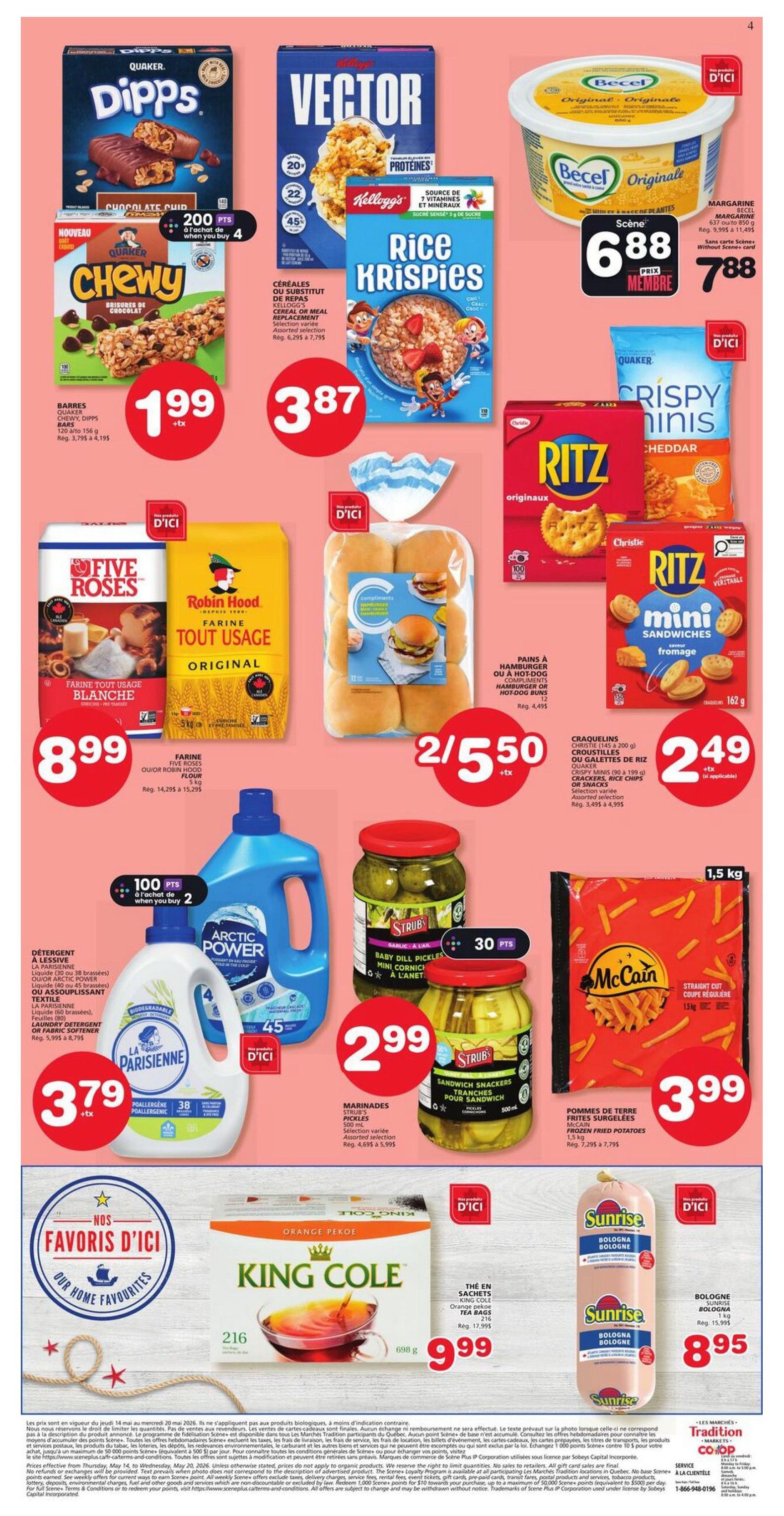 Marchés Tradition weekly flyer specials for New Brunswick, Page 2. Featured products include Quaker Dipps Chocolate Chip bars for $1.99, Quaker Chewy bars for $1.99 with 200 bonus Scene+ points when you buy 4. Kellogg's Vector cereal and Rice Krispies cereal are $3.87 each. Becel Original margarine is $6.88 for members, or $7.88 for non-members. Five Roses All-Purpose White Flour is $8.99. Robin Hood Original All-Purpose Flour is also available. Compliments Hamburger or Hot Dog Buns are 2 for $5.50. Christie Ritz Mini Sandwiches and Ritz Crispy Chips or Snacks are $2.49. Arctic Power Laundry Detergent or Fabric Softener is $3.79. Strub's Baby Dill Pickles or Sandwich Snackers are $2.99. McCain Straight Cut Frozen French Fries are $3.99. King Cole Orange Pekoe Tea Bags are $9.99. Sunrise Bologna is $8.95.
