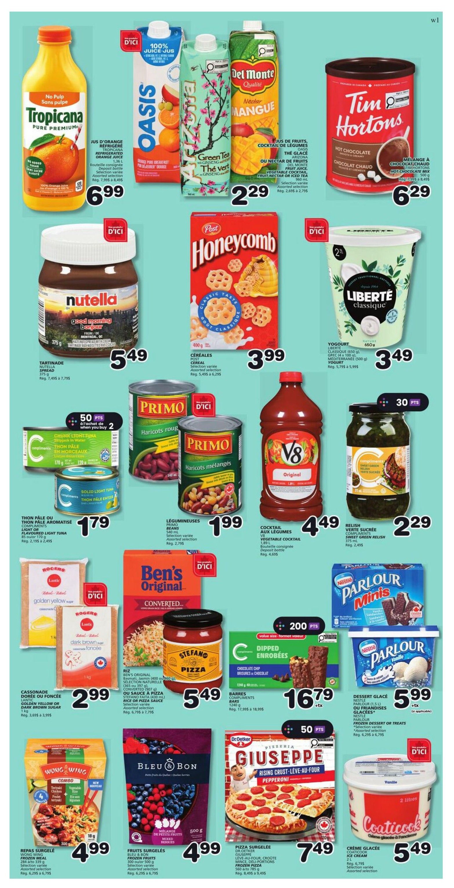 Marchés Tradition weekly flyer specials page 5 features a variety of grocery items. Top row includes Tropicana Pure Premium Orange Juice for $6.99, Oasis Juice and Green Tea for $2.29 each, Del Monte Nectar Mangue for $2.29, and Tim Hortons Hot Chocolate Mix for $6.29. Middle row showcases Nutella Spread for $5.49, Post Honeycomb Cereal for $3.99, and Liberté Classique Yogurt for $3.49. Below are Primo Haricots Rouges (Red Beans) and Haricots Mélangés (Mixed Beans) for $1.99 each, V8 Original Vegetable Cocktail for $4.49, and Compliments Sweet Green Relish for $2.29. The bottom section highlights Compliments Chunk Light Tuna in Water for $1.79, Compliments Solid Light Tuna for $1.79, Ben's Original Converted Rice for $5.49, Stefano Pizza Sauce for $5.49, and C'est Bon Dipped Enrobées Chocolate Chip Bars for $16.79. Also featured are Rogers Golden Yellow or Dark Brown Sugar for $2.99, Wong Wing Frozen Meal Combo for $4.99, Bleu & Bon Frozen Fruits for $4.99, Parlour Minis Ice Cream Sandwiches for $5.99, Dr. Oetker Giuseppe Rising Crust Pepperoni Pizza for $7.49, and Coaticook Ice Cream for $5.49.