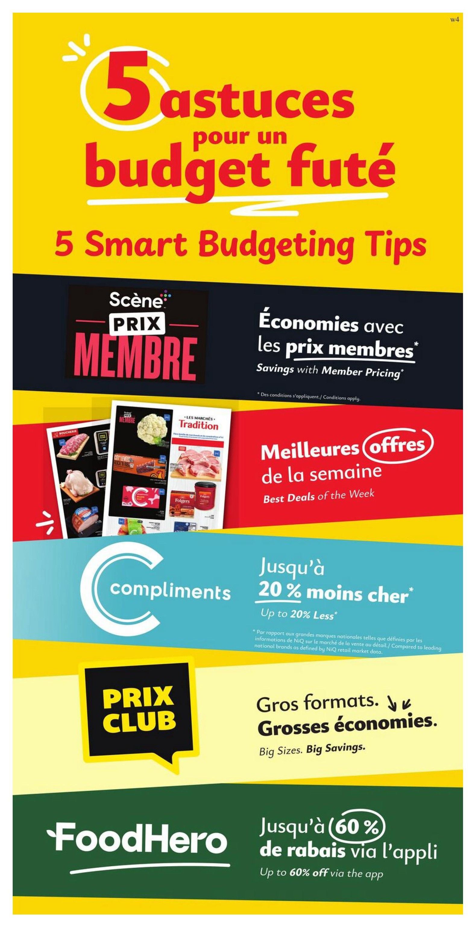 Marchés Tradition flyer page 8 features '5 Smart Budgeting Tips'. It highlights 'Member Pricing' with savings and 'Best Deals of the Week' showcasing various meats and Folgers coffee. Additional promotions include 'Compliments' offering up to 20% less, 'Prix Club' for big sizes and big savings, and 'FoodHero' app users can get up to 60% off via the app.