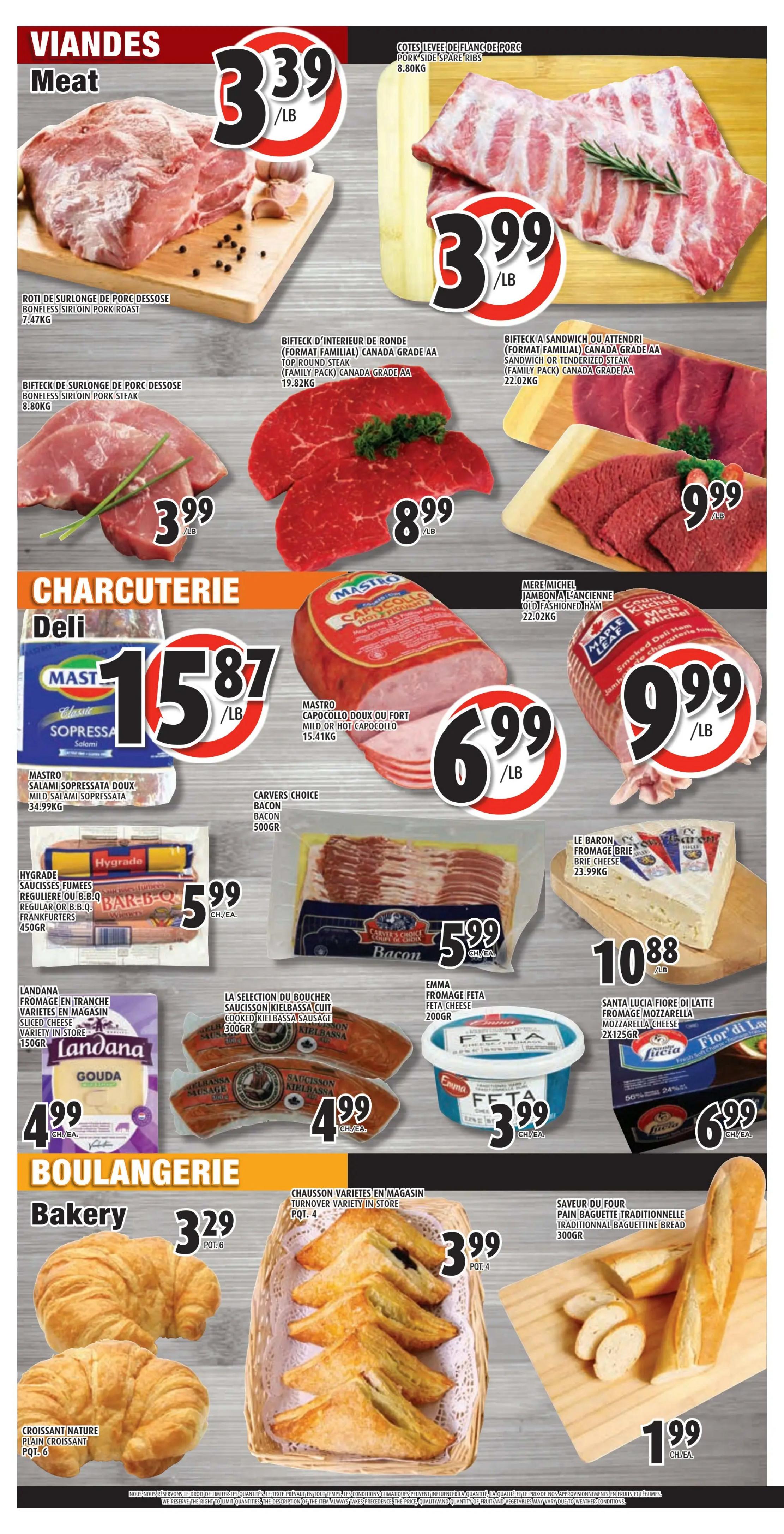 Esposito Weekly Flyer Specials Page 2. Meat section features Boneless Sirloin Pork Roast for $3.39/lb, Pork Side Spare Ribs for $3.99/lb, Family Pack Canada Grade AA Top Round Steak for $8.99/lb, and Family Pack Canada Grade AA Sandwich or Tenderized Steak for $9.99/lb. Deli section includes Mastro Sopressa Salami for $15.87/lb, Mastro Capocollo (mild or hot) for $6.99/lb, Maple Leaf Old Fashioned Ham for $9.99/lb, Hygrade Regular or BBQ Frankfurters for $5.99 each, Carvers Choice Bacon for $5.99 each, La Selection du Boucher Kielbassa Sausage for $4.99 each, Landana Sliced Cheese for $4.99 each, Emma Feta Cheese for $3.99 each, and Santa Lucia Fior di Latte Mozzarella Cheese for $10.88/lb. Bakery section offers Nature Plain Croissants (pack of 6) for $3.29, Turnovers (pack of 4) for $3.99, and Traditional Baguette Bread (300g) for $1.99 each.