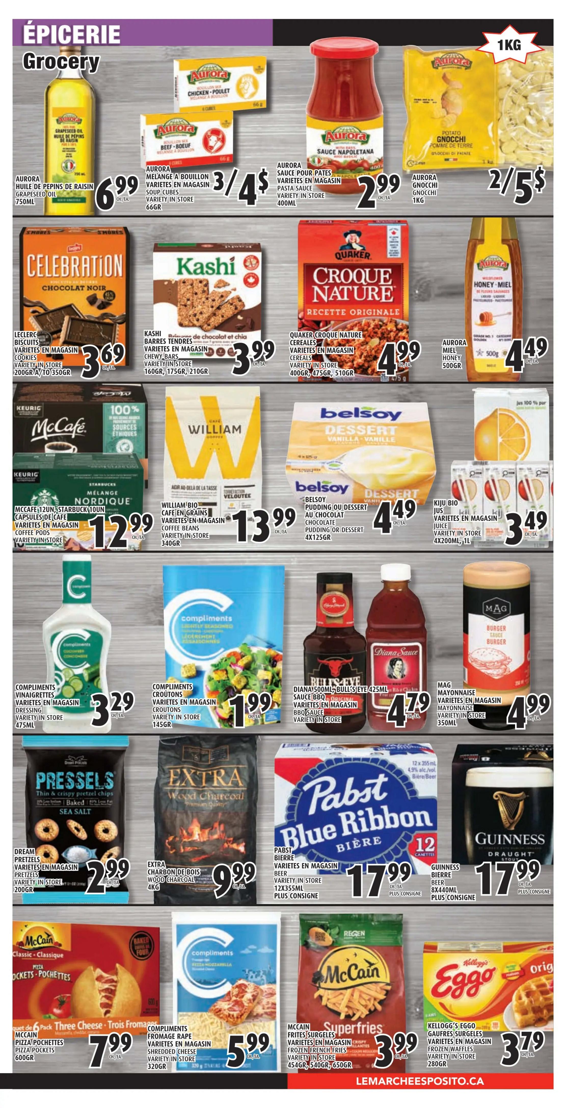 Esposito Grocery Flyer Page 3 features a variety of food items. Top row includes Aurora Grapeseed Oil for $6.99, Aurora Bouillon Soup Cubes 3 for $4, Aurora Pasta Sauce for $2.99, and Aurora Gnocchi for 2 for $5. The second row showcases Celebration Chocolate Noir for $3.69, Kashi Chewy Bars for $3.99, Quaker Croque Nature Cereals for $4.99, and Aurora Honey for $4.49. Below that, McCafe 12-pack Coffee Pods are $12.99, William Bio Coffee Beans are $13.99, Belsoy Chocolate Pudding or Dessert is $4.49, and Kiju Bio Juice is 3 for $3.49. The next row features Compliments Vinaigrettes for $3.29, Compliments Salads for $1.99, Bull's Eye BBQ Sauce for $4.79, and Mag Mayonnaise for $4.99. The bottom section highlights Dream Pretzels for $2.99, Extra Wood Charcoal for $9.99, Pabst Blue Ribbon Beer 12-pack for $17.99, and Guinness Draught Stout for $17.99. Finally, McCain Pizza Pockets are $7.99, Compliments Shredded Cheese is $5.99, McCain Superfries are $3.99, and Kellogg's Eggo Waffles are $3.79.