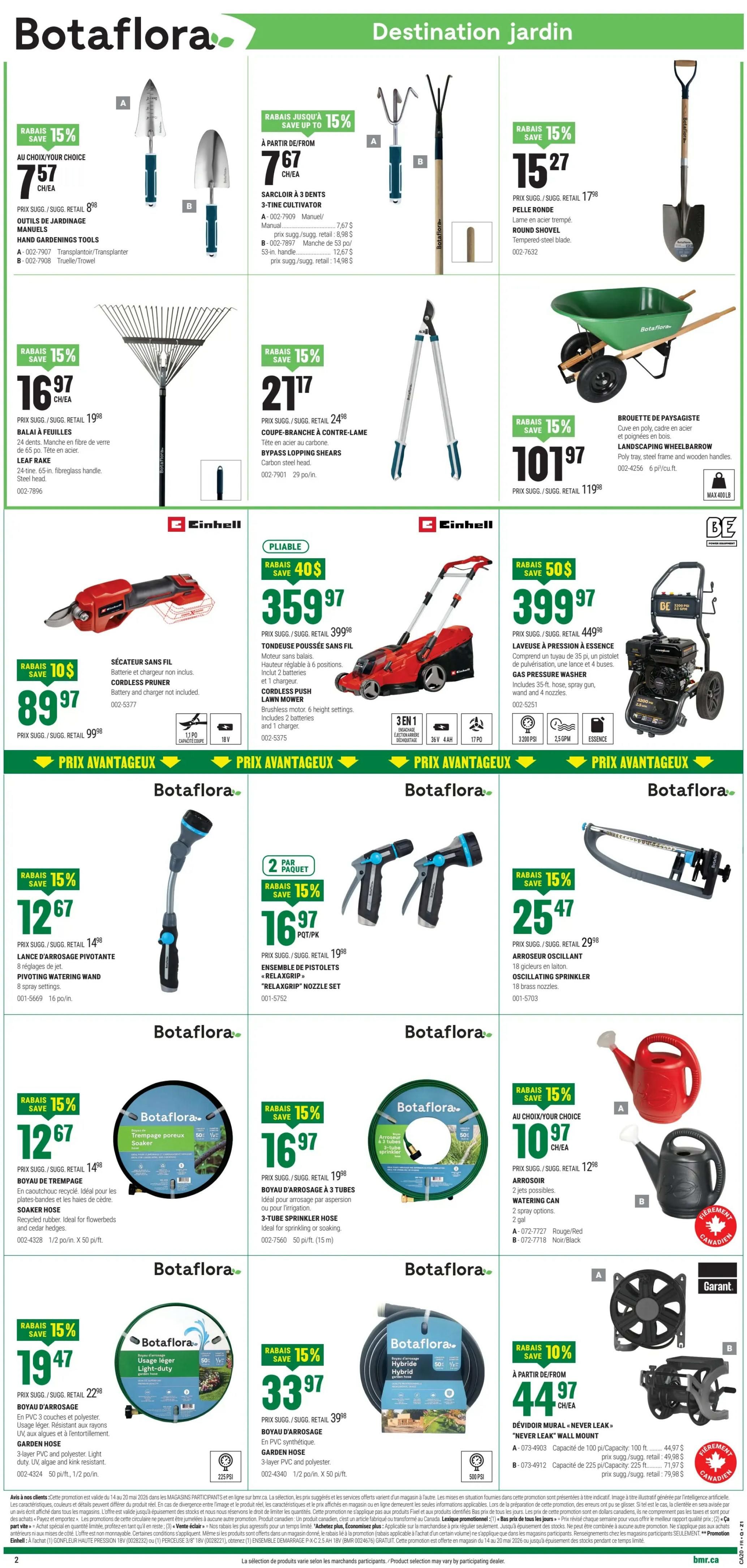 BMR Destination Jardin flyer page 3 features gardening tools and equipment. Top row includes Hand Gardening Tools on sale for $7.57 each (save 15%), 3-Tine Cultivators starting at $7.67 (save up to 15%), a Round Shovel for $15.27 (save 15%), and a Leaf Rake for $16.97 (save 15%). Also featured are Bypass Lopping Shears for $21.17 (save 15%) and a Landscaping Wheelbarrow for $101.97 (save 15%). Middle row showcases Einhell products: a Cordless Push Lawn Mower for $359.97 (save $40) and a Gas Pressure Washer for $399.97 (save $50). Bottom row displays various Botafiora watering accessories including a Pivoting Watering Wand for $12.67 (save 15%), a 2-pack of 'RelaxGrip' Nozzle Sets for $16.97 (save 15%), an Oscillating Sprinkler for $25.47 (save 15%), a Soaker Hose for $12.67 (save 15%), a 3-tube Sprinkler Hose for $16.97 (save 15%), a 3-layer PVC Garden Hose for $19.47 (save 15%), a 3-layer Hybrid PVC Garden Hose for $33.97 (save 15%), and a choice of Watering Cans for $10.97 each (save 15%). A 'Never Leak' Wall Mount hose reel is also available for $44.97 (save 10%).