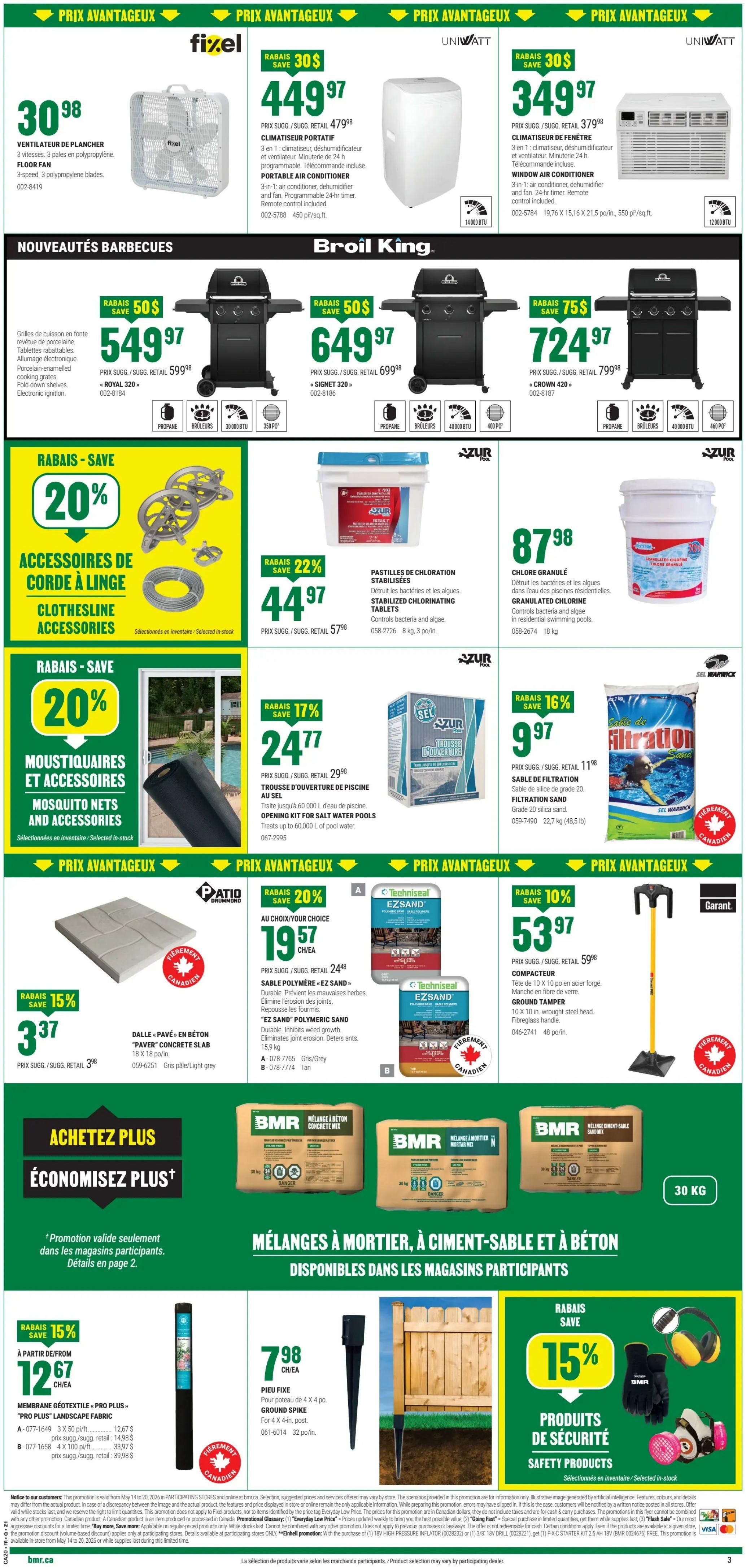 BMR Weekly Flyer Specials Page 4. Top section features Fixel Floor Fan for $30.98 and Uni-Watt Portable Air Conditioner for $449.97, and Uni-Watt Window Air Conditioner for $349.97. Below are Broil King Barbecues: Royal 320 for $549.97, Signet 320 for $649.97, and Crown 420 for $724.97. Mid-section includes: 20% off Clothesline Accessories for $44.97, 22% off Stabilized Chlorinating Tablets for $44.97, 17% off Azur Pool Opening Kit for Salt Water Pools for $24.77, and 16% off Azur Filtration Sand for $9.97. Further down, find 20% off Patio Drummond 'Payer' Concrete Slab for $19.57 each, and Techniseal 'EZ Sand' Polymeric Sand for $19.57 each. Also featured is a Garant Ground Tamper for $53.97. The bottom section highlights BMR Concrete Mix and Mortar Mix bags. Additional offers include 15% off 'Pro Plus' Landscape Fabric for $12.67, and Ground Spike for $7.98 each. Safety products are also available with a 15% discount. The flyer is valid from May 14 to May 20, 2026.